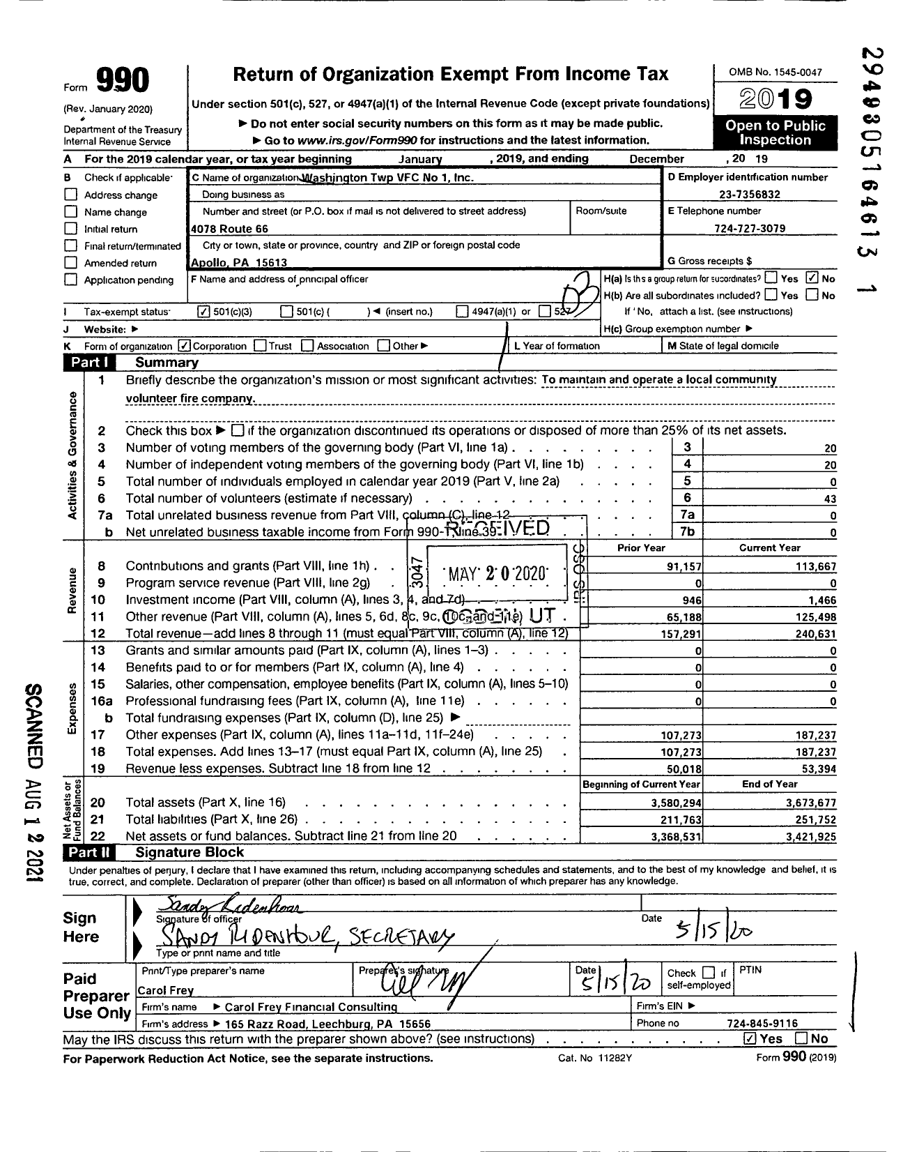 Image of first page of 2019 Form 990 for Washington Township Volunteer Fire No 1