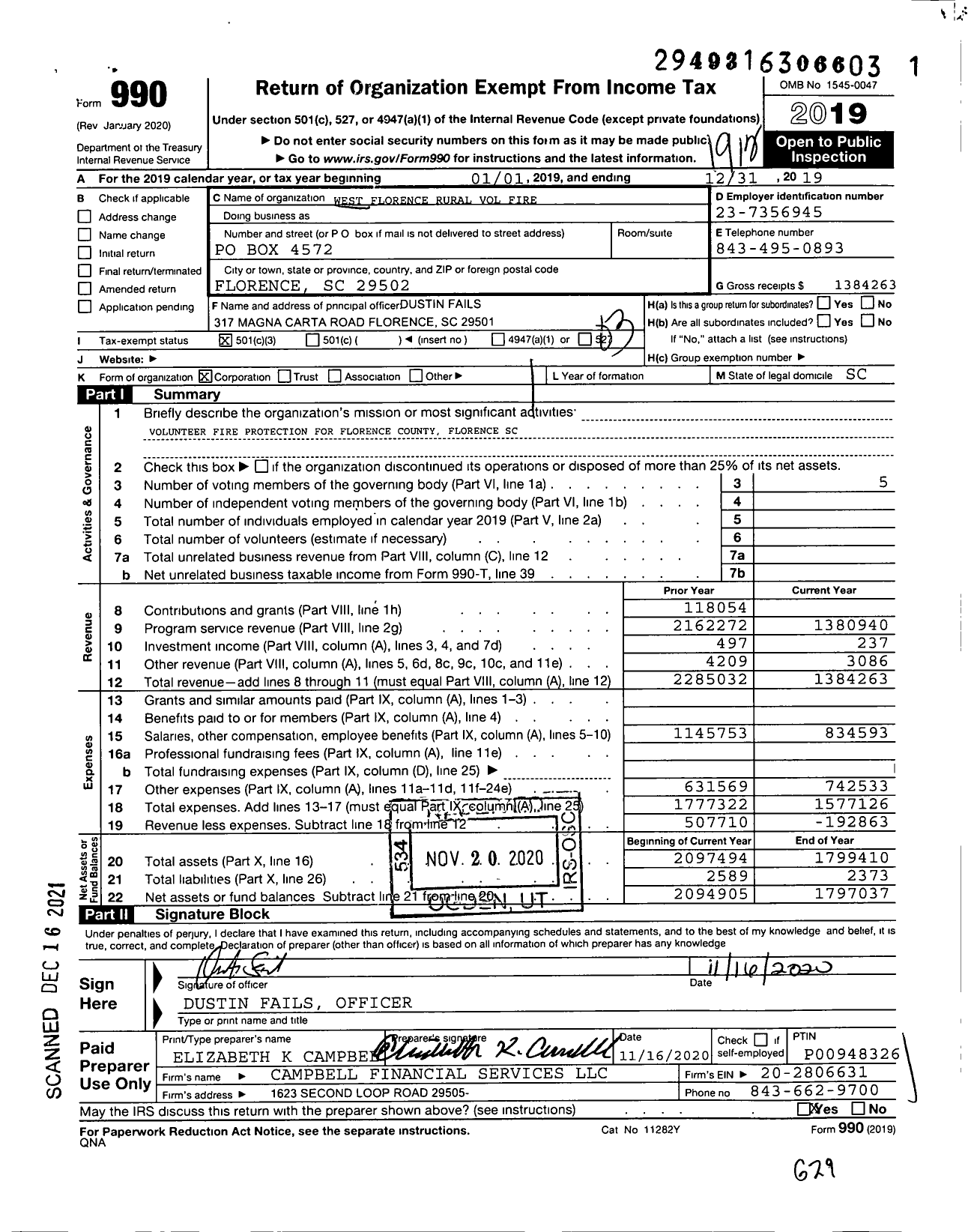 Image of first page of 2019 Form 990 for West Florence Rural Volunteer Fire