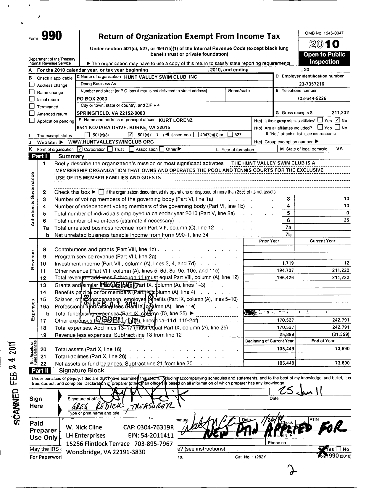 Image of first page of 2010 Form 990O for Hunt Valley Swim Club