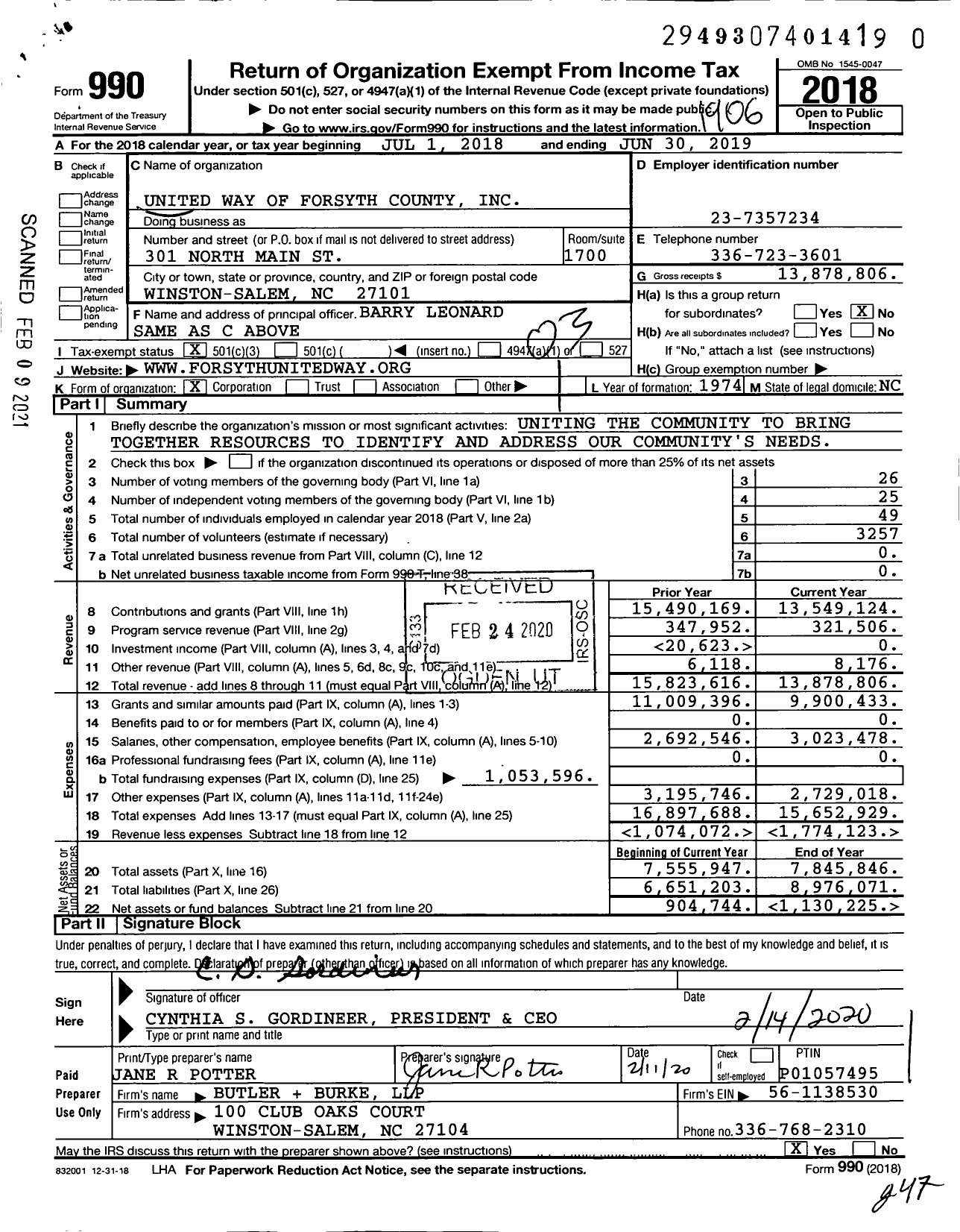 Image of first page of 2018 Form 990 for United Way of Forsyth County