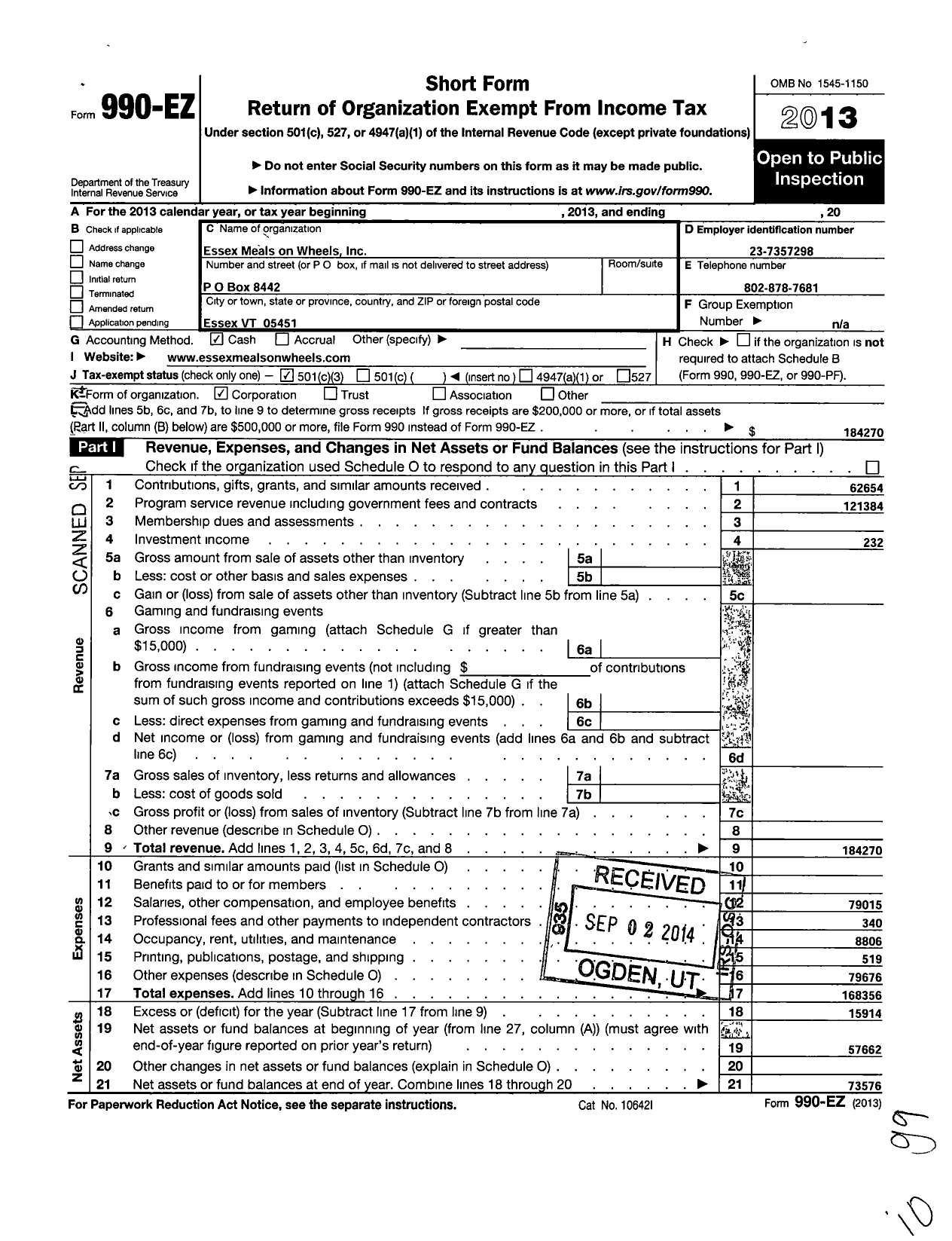 Image of first page of 2013 Form 990EZ for Essex Meals on Wheels