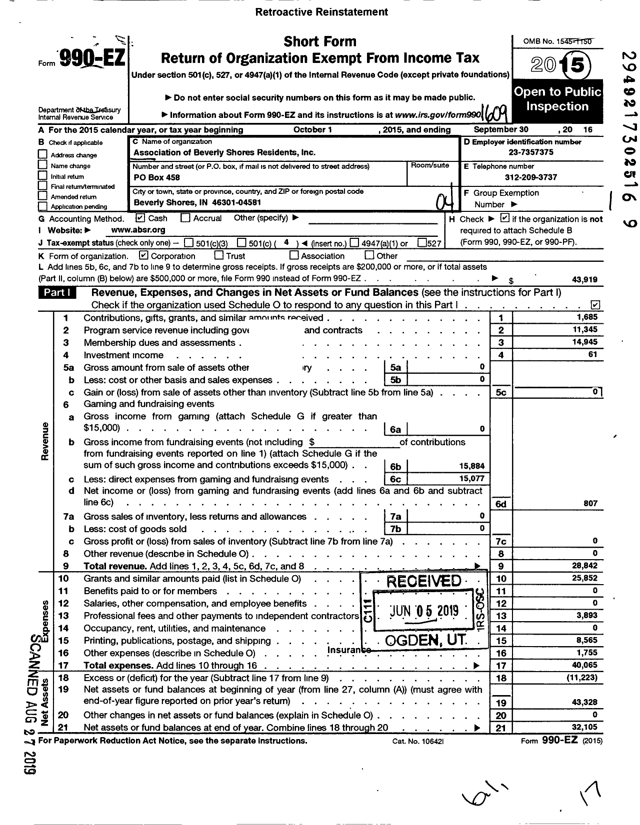 Image of first page of 2015 Form 990EO for Association of Beverly Shores Residents