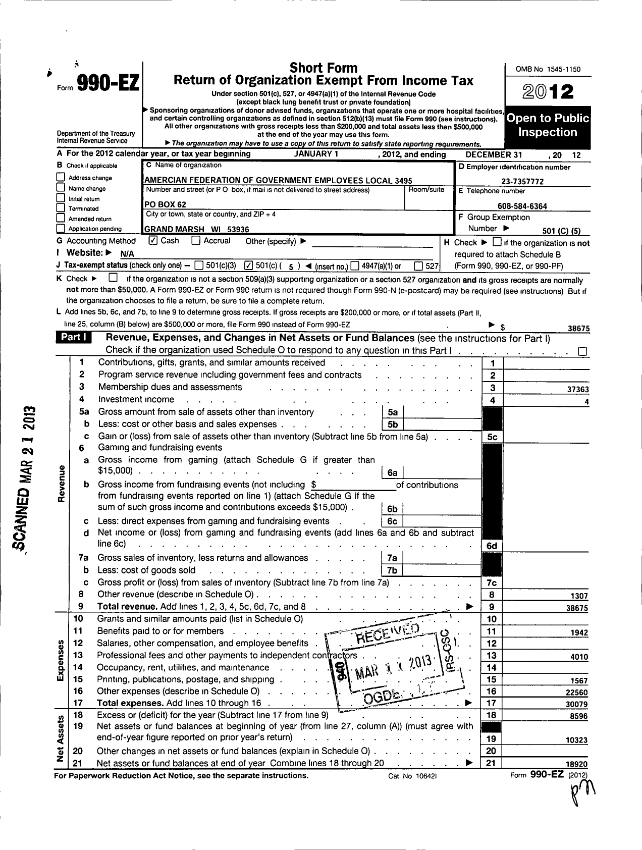 Image of first page of 2012 Form 990EO for American Federation of Government Employees - 3495 Afge-Bop-Doj Local