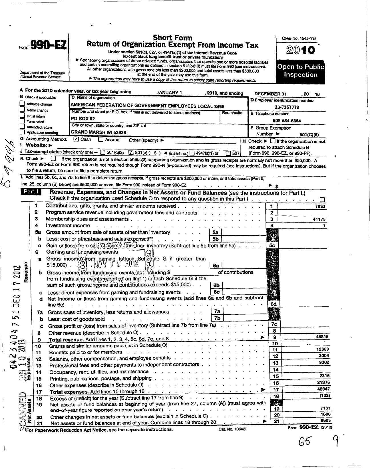 Image of first page of 2010 Form 990EO for American Federation of Government Employees - 3495 Afge-Bop-Doj Local