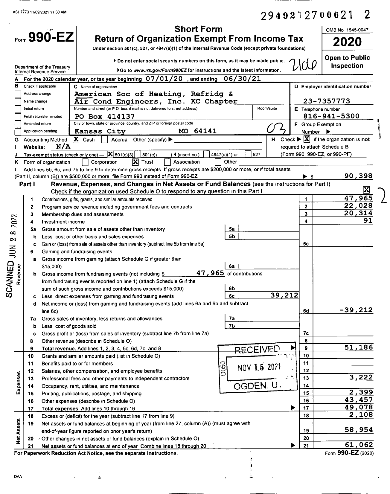 Image of first page of 2020 Form 990EZ for American Soc of Heating Refridg and Air Cond Engineers KC Chapter