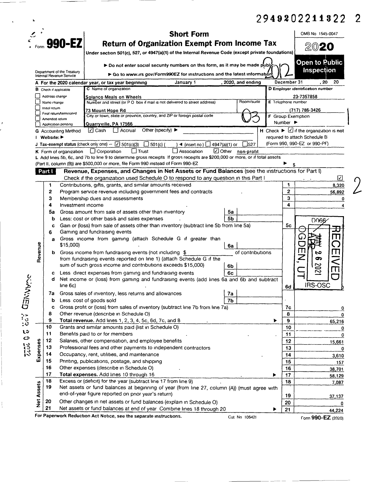 Image of first page of 2020 Form 990EZ for Solanco Meals on Wheels