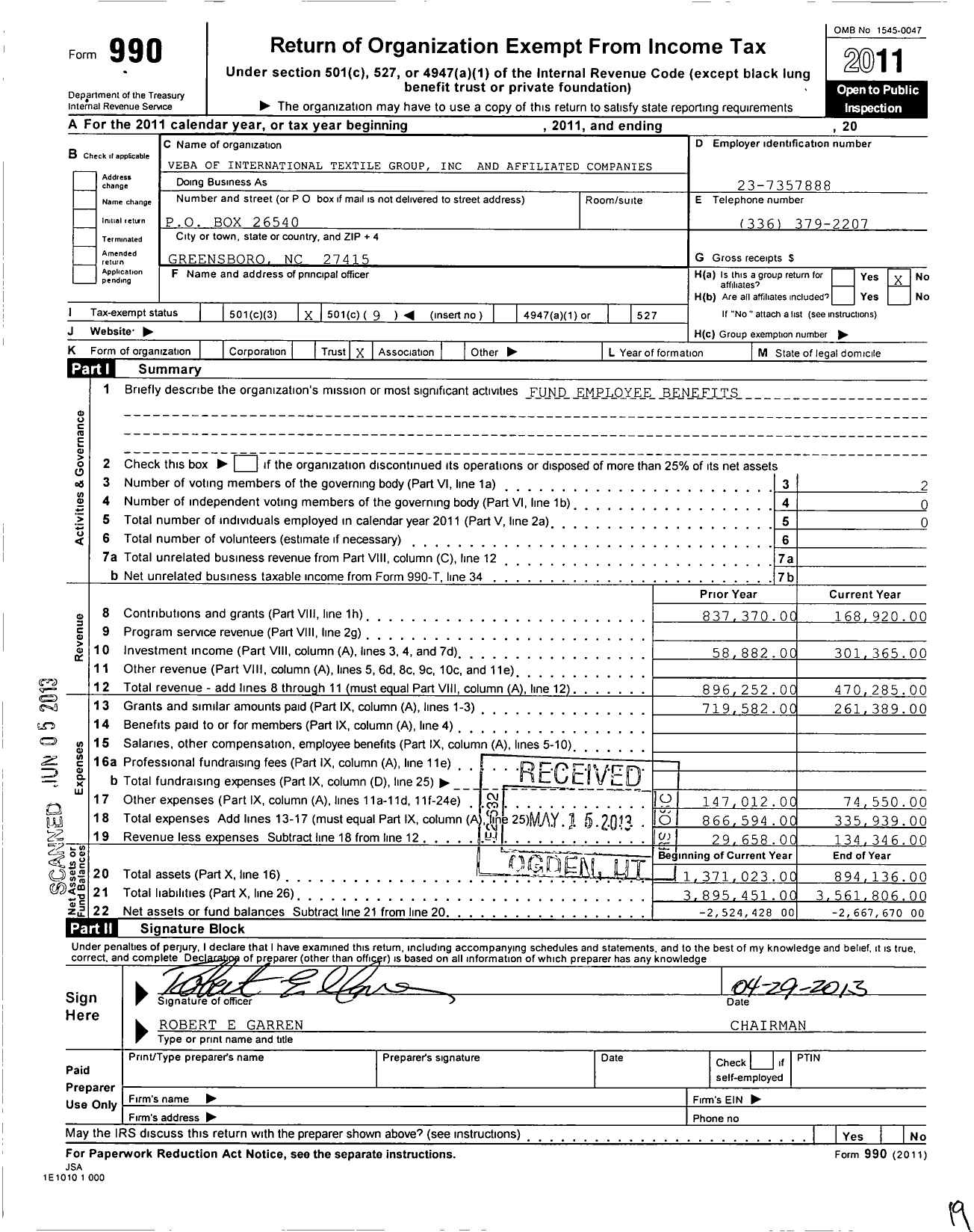 Image of first page of 2011 Form 990O for Veba of International Textile Group and Affiliated Companies