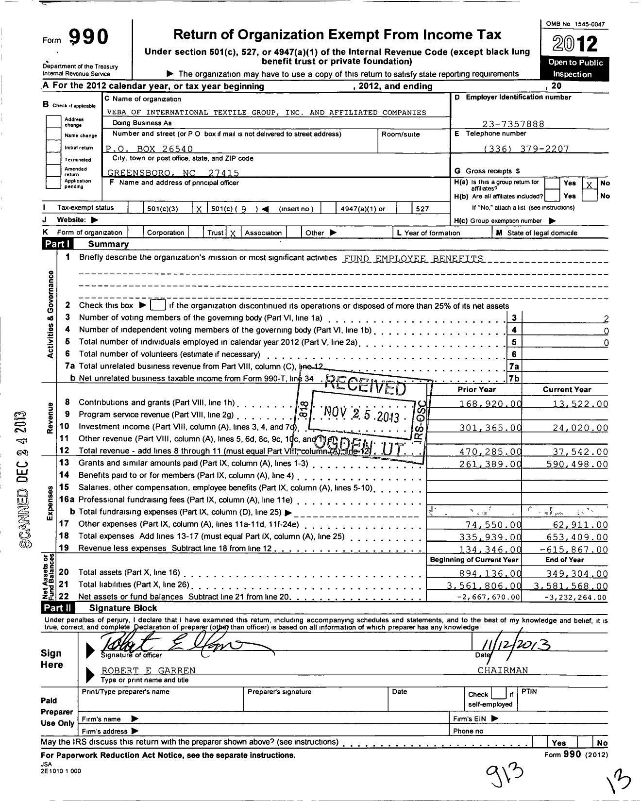 Image of first page of 2012 Form 990O for Veba of International Textile Group and Affiliated Companies