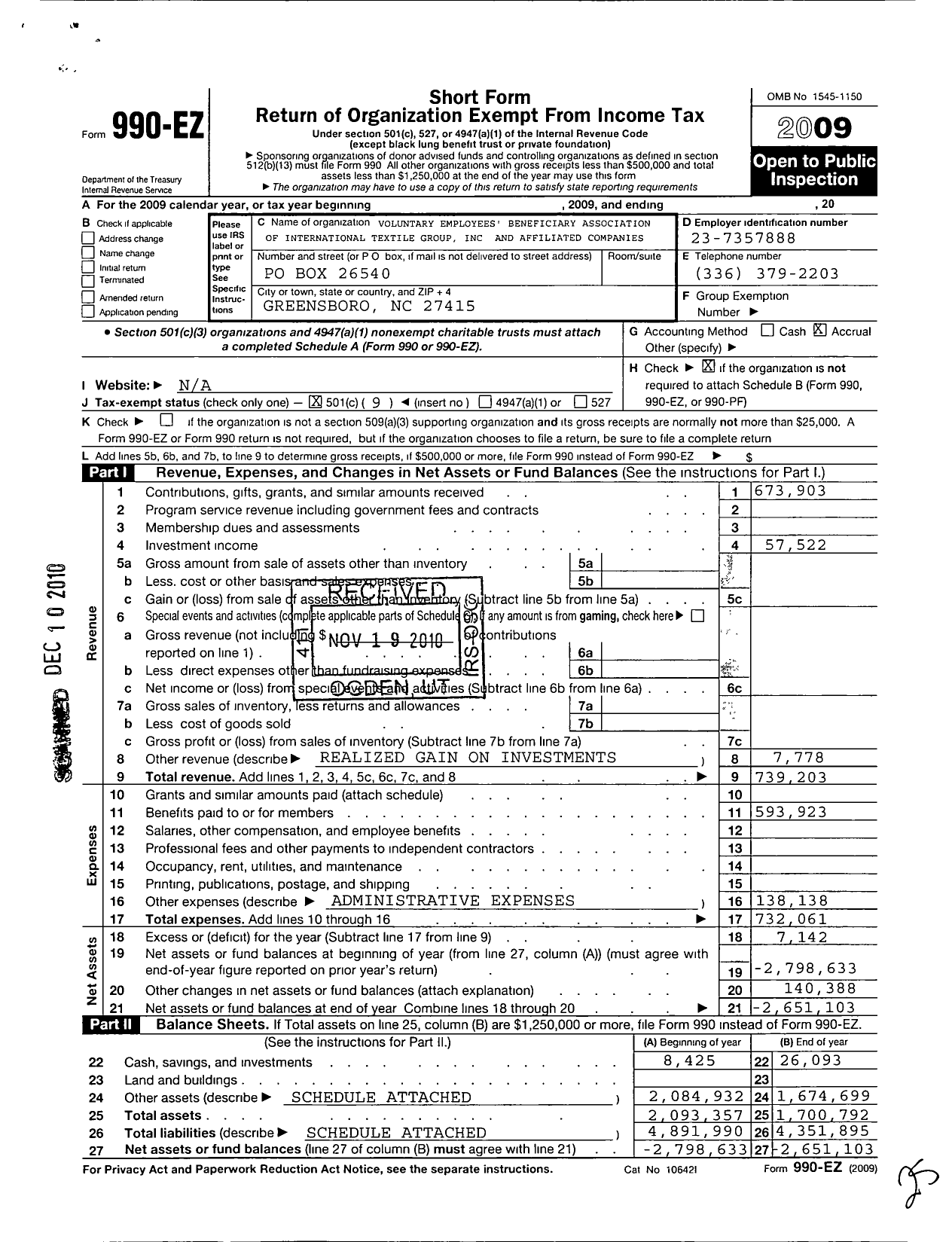 Image of first page of 2009 Form 990EO for Veba of International Textile Group and Affiliated Companies