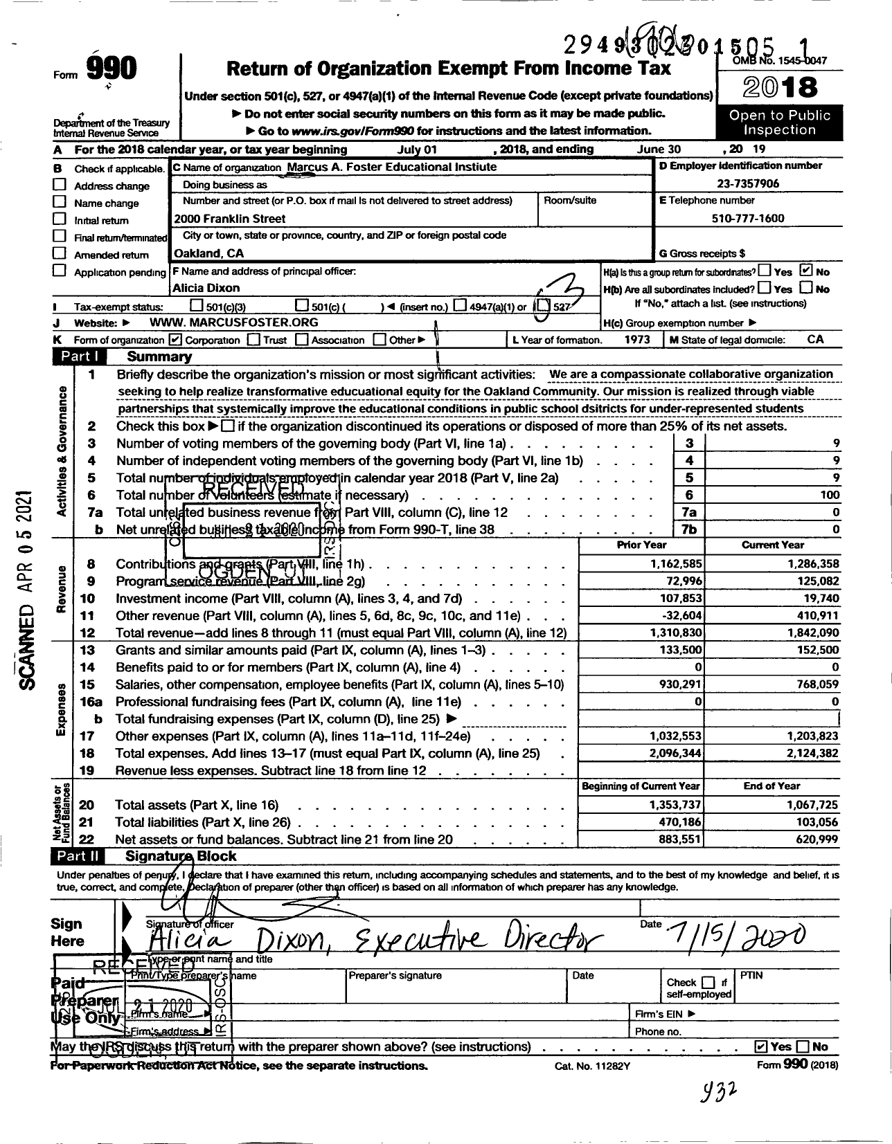 Image of first page of 2018 Form 990 for Marcus Foster Education Institute (MFEI)