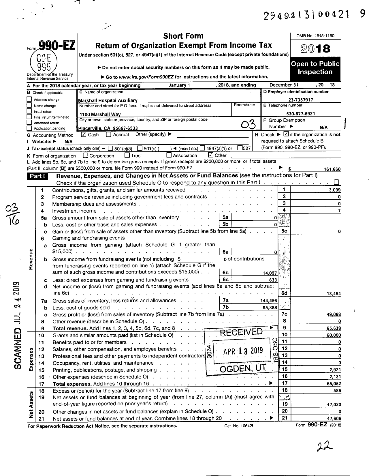 Image of first page of 2018 Form 990EZ for Marshall Hospital Auxilliary