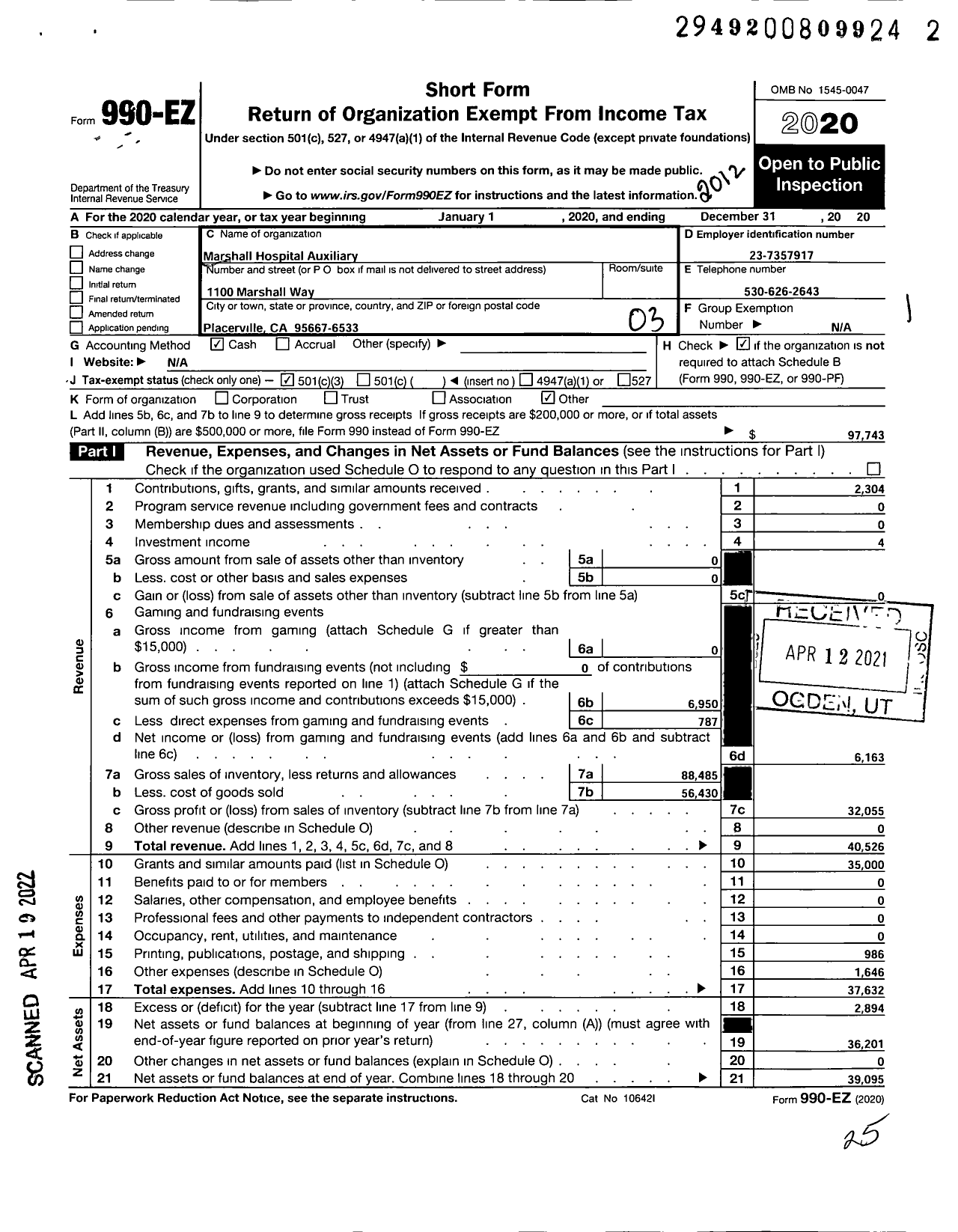 Image of first page of 2020 Form 990EZ for Marshall Hospital Auxilliary