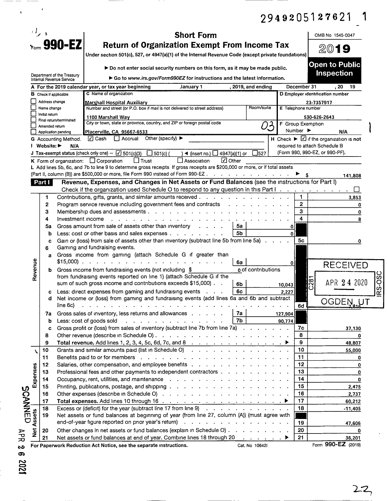 Image of first page of 2019 Form 990EZ for Marshall Hospital Auxilliary
