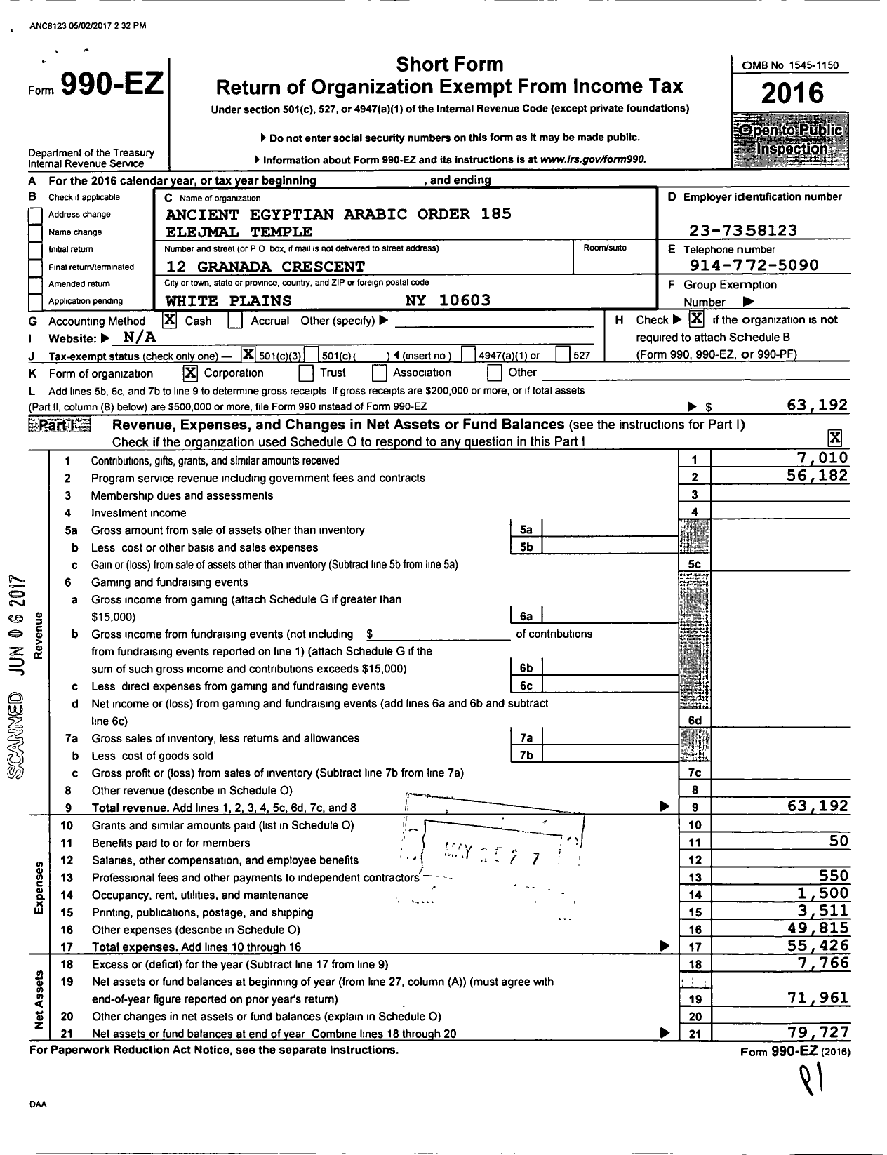 Image of first page of 2016 Form 990EZ for Ancient Egyptian Arabic Order Nobles Mystic Shrine of N and S Amer - 185 Elejmal Temple