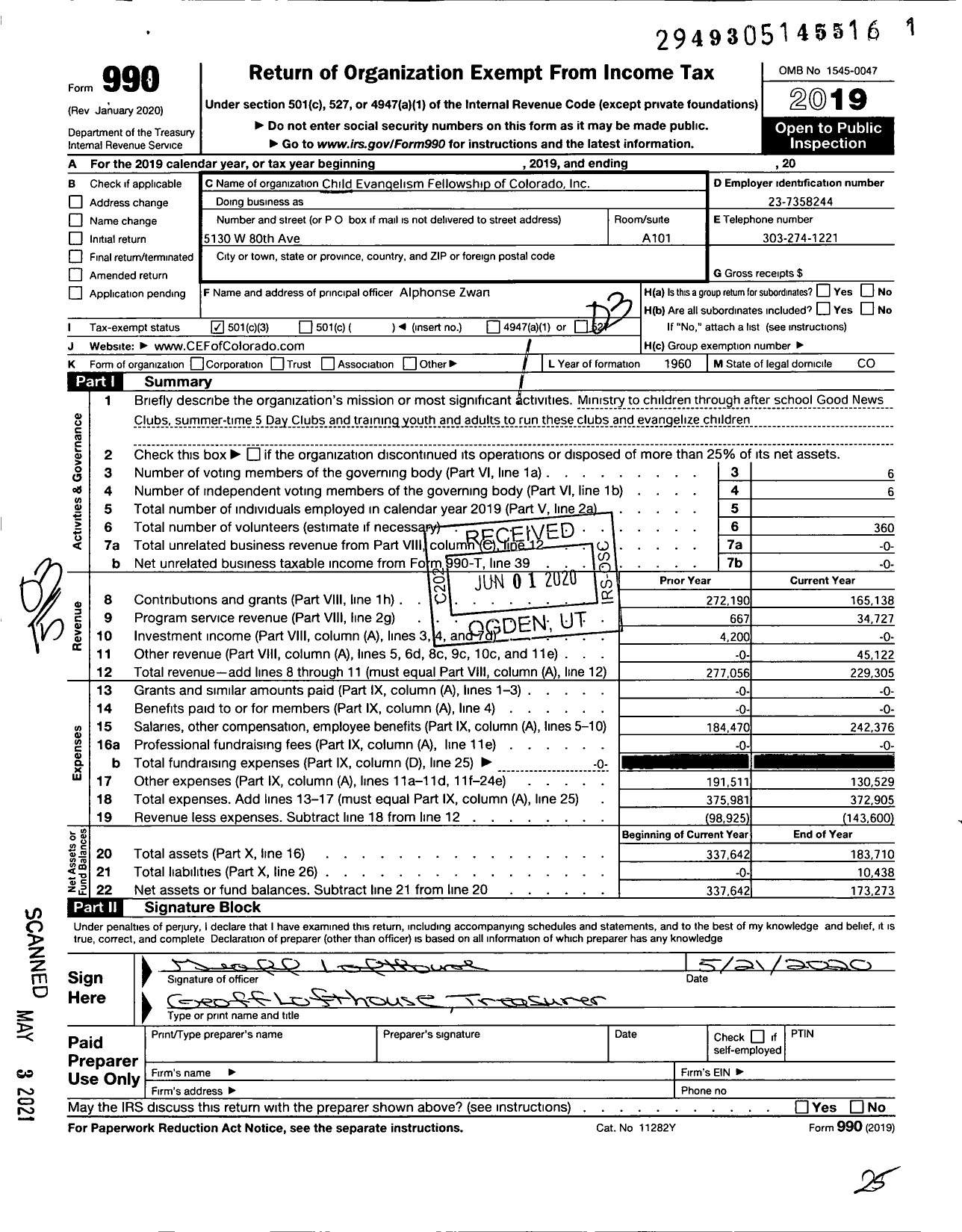 Image of first page of 2019 Form 990 for Child Evangelism Fellowship - CEF Colorado