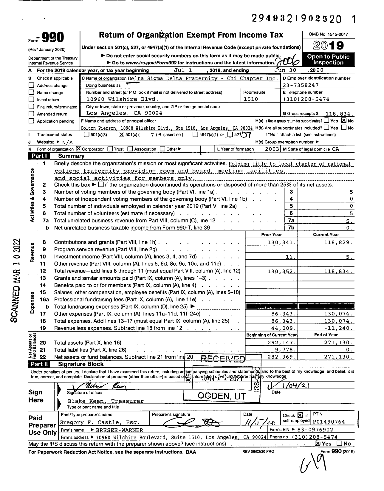 Image of first page of 2019 Form 990O for Delta Sigma Delta Fraternity - Chi Chapter