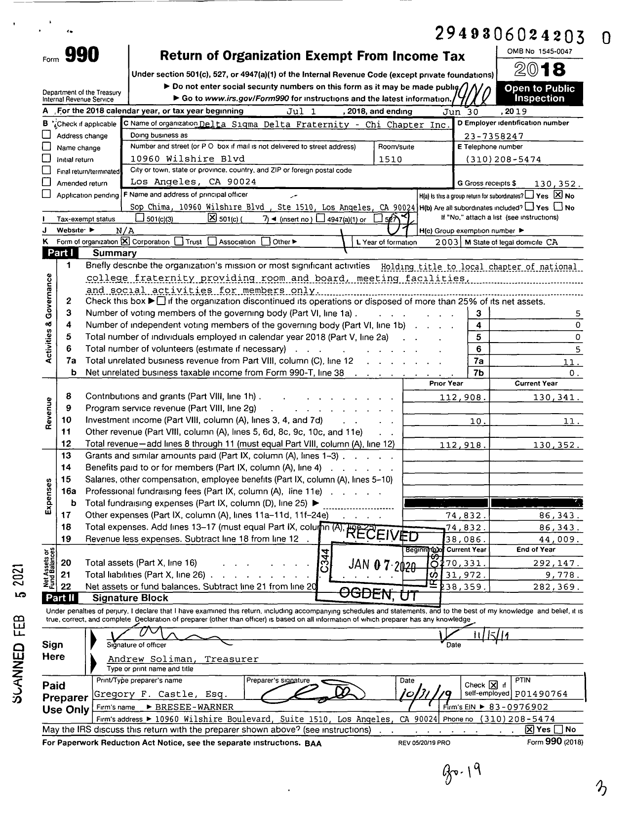 Image of first page of 2018 Form 990O for Delta Sigma Delta Fraternity - Chi Chapter