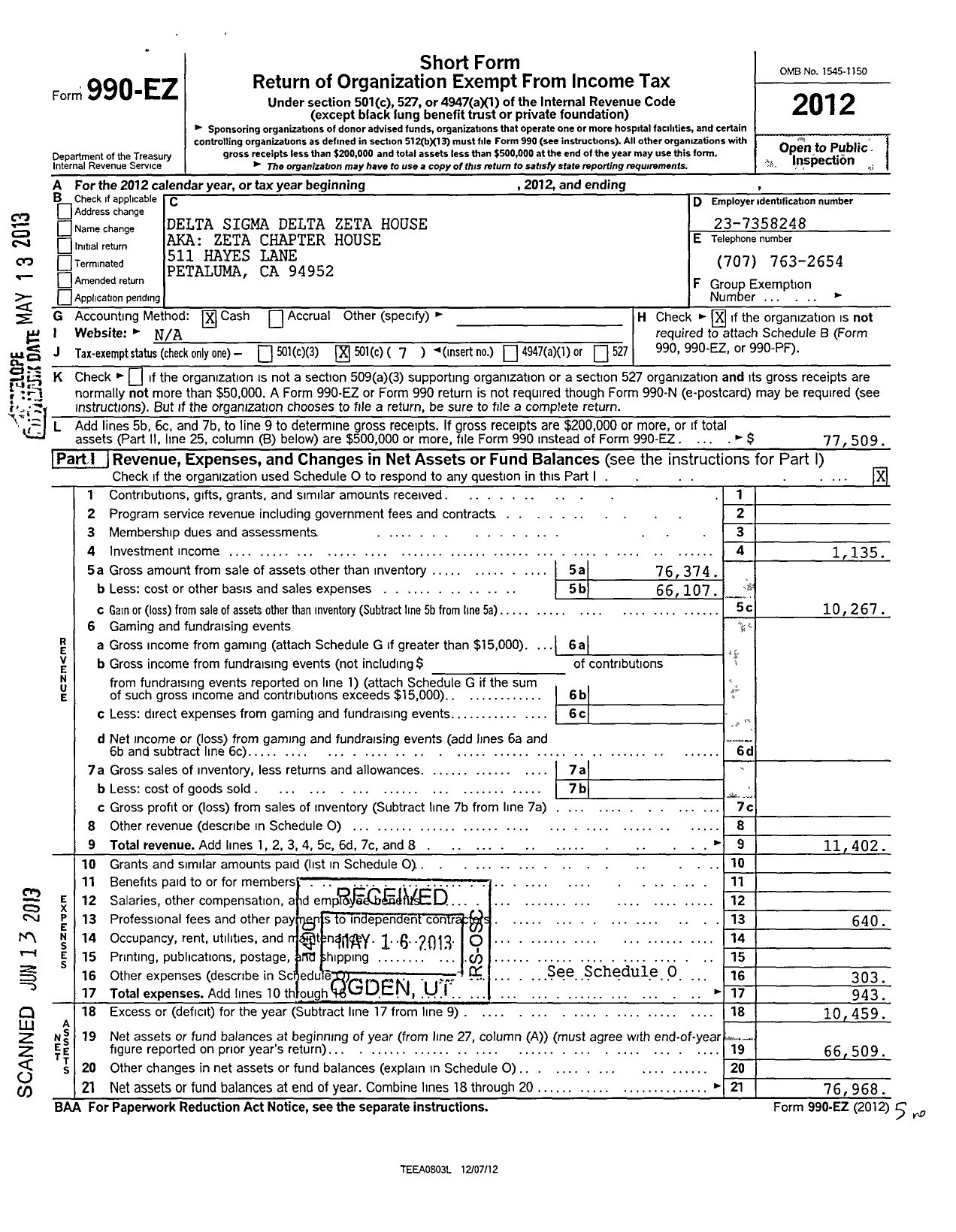 Image of first page of 2012 Form 990EO for Delta Sigma Delta Fraternity / Zeta Chapter House