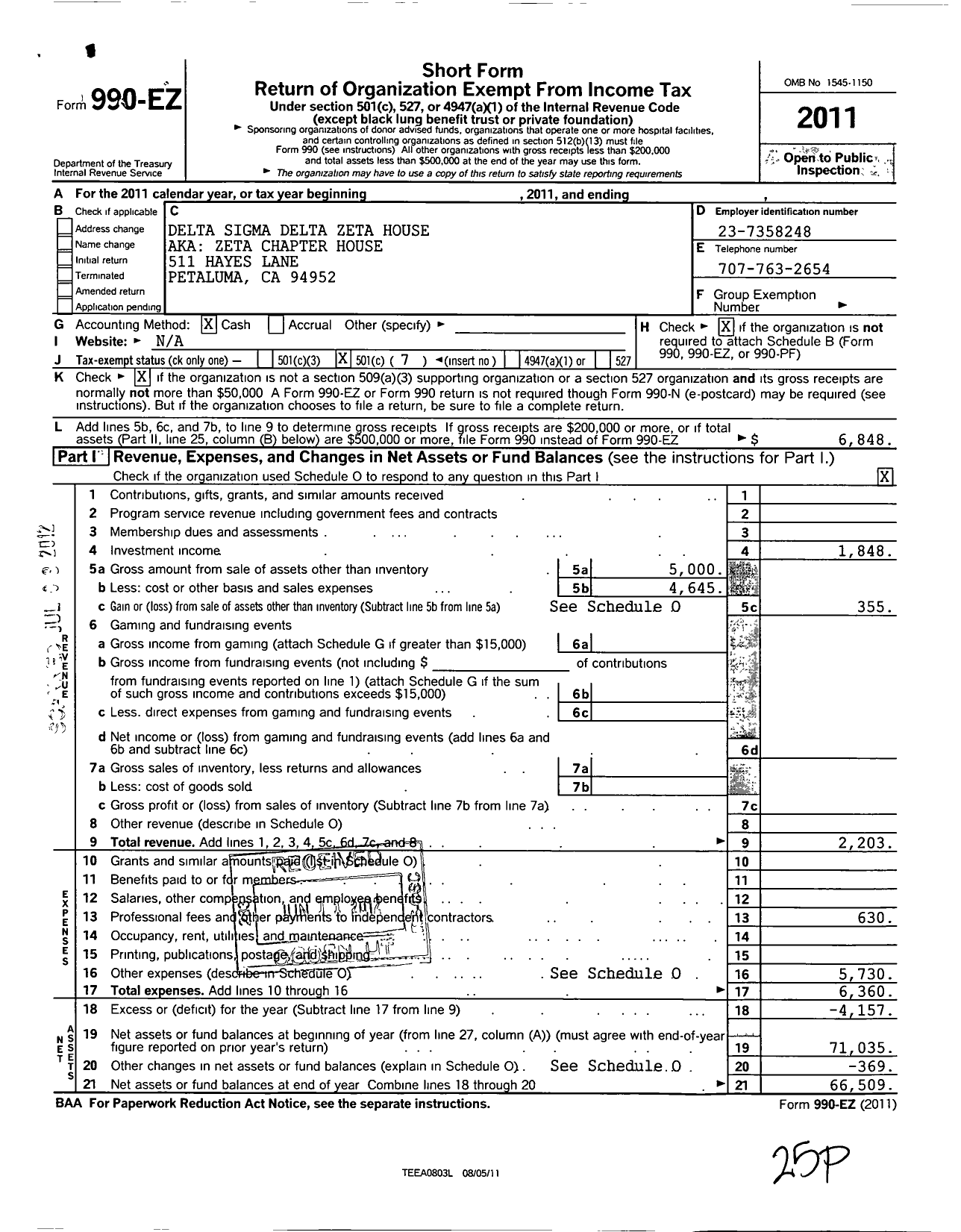 Image of first page of 2011 Form 990EO for Delta Sigma Delta Fraternity / Zeta Chapter House