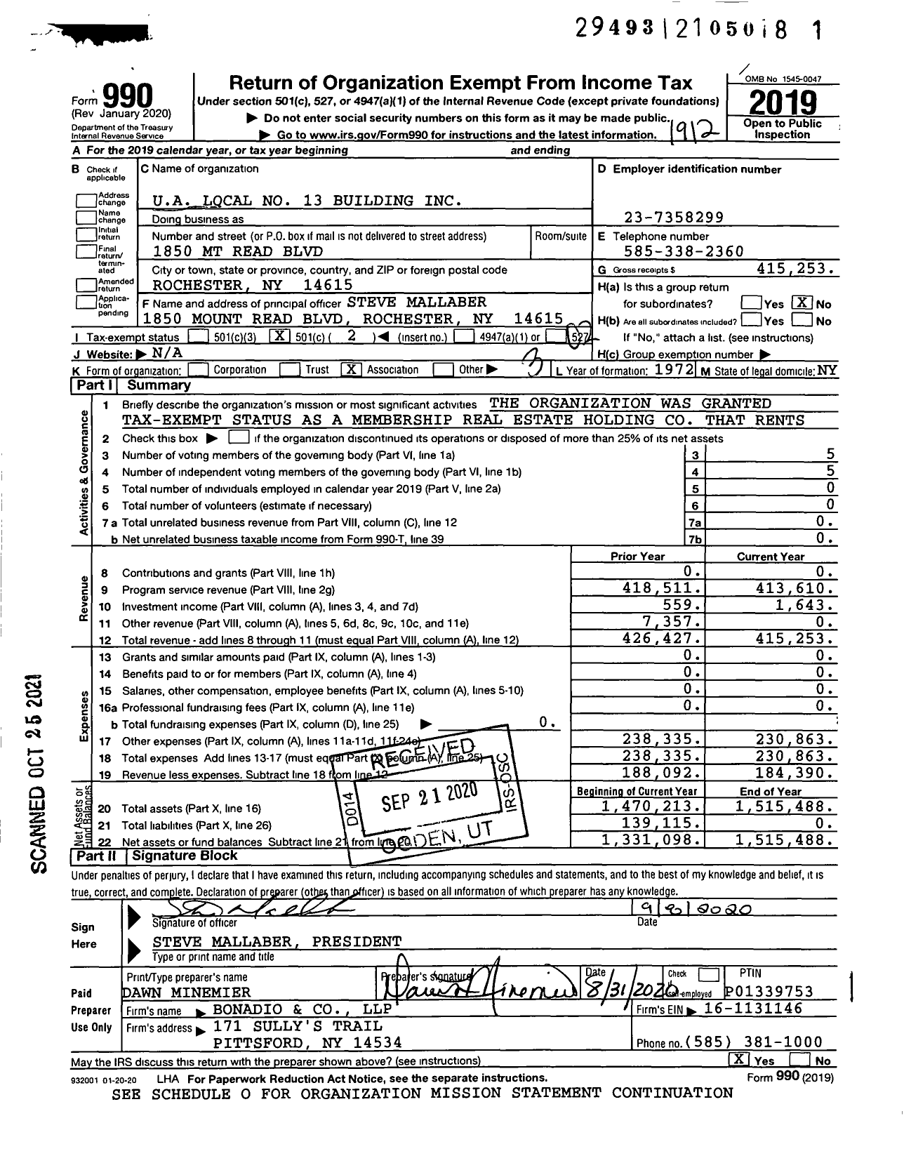 Image of first page of 2019 Form 990O for Ua Local 13 Building