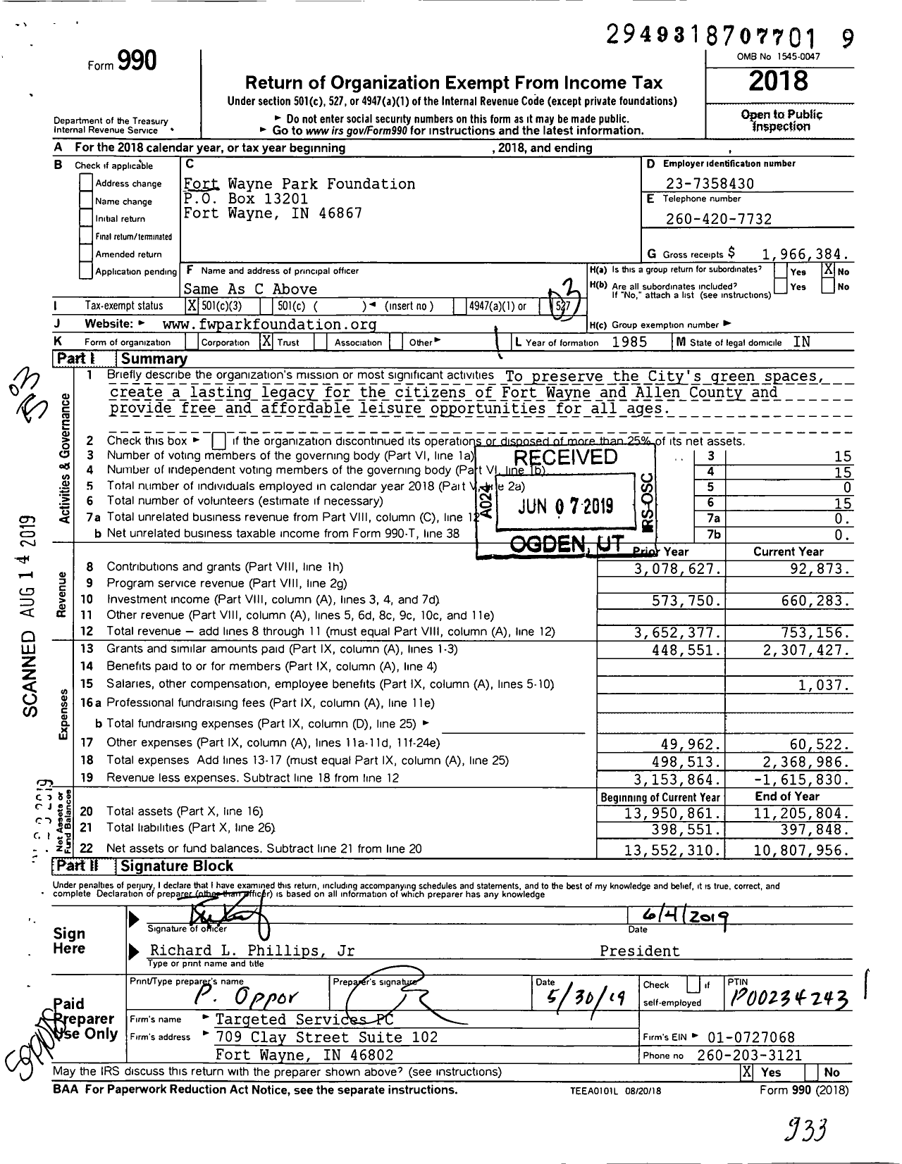 Image of first page of 2018 Form 990 for Fort Wayne Park Foundation