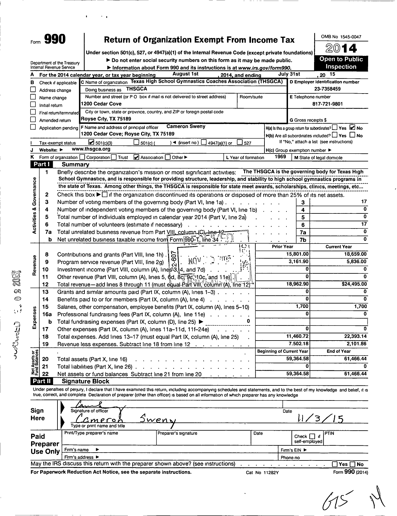 Image of first page of 2014 Form 990 for Texas High School Gymnastic Coaches