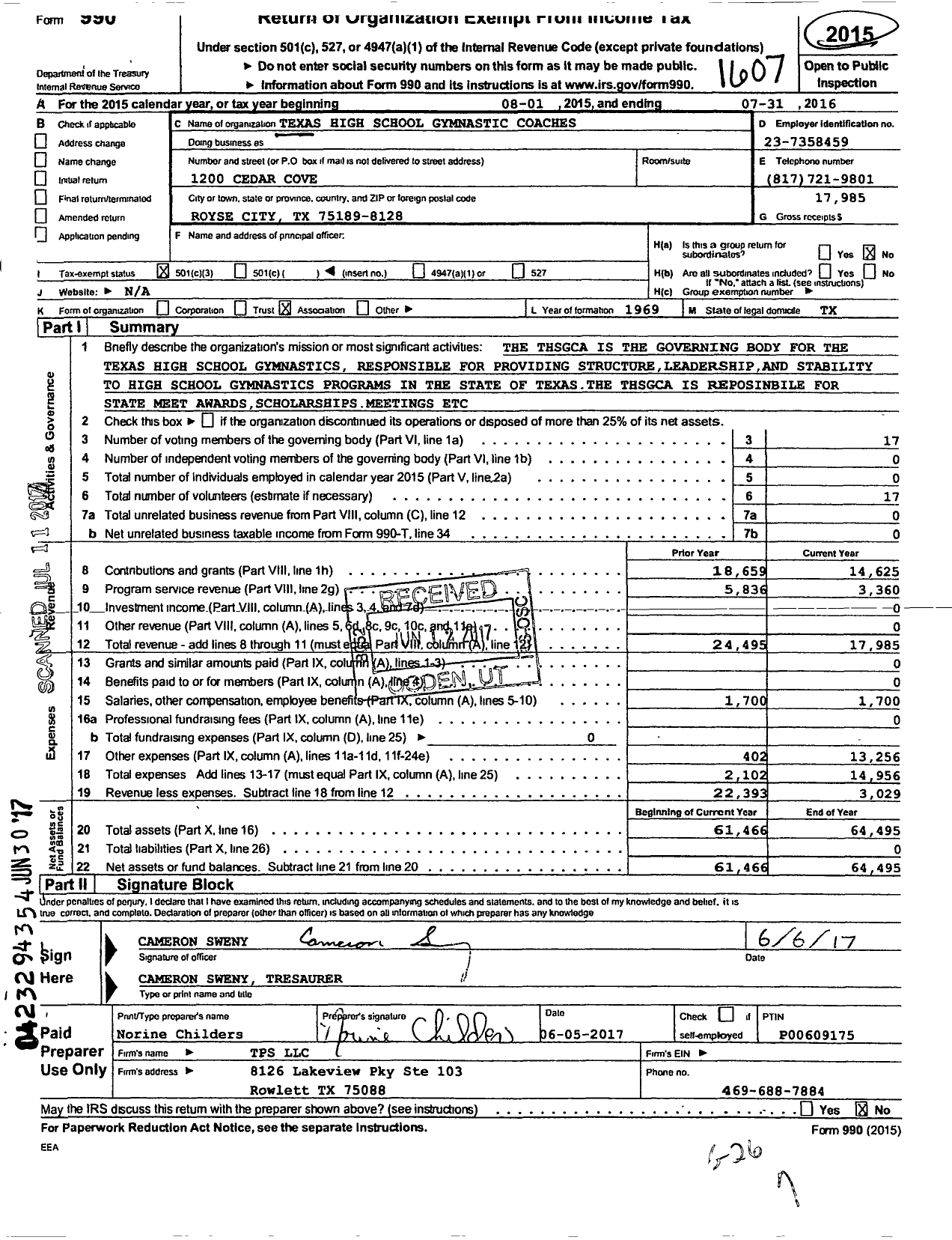 Image of first page of 2015 Form 990 for Texas High School Gymnastic Coaches