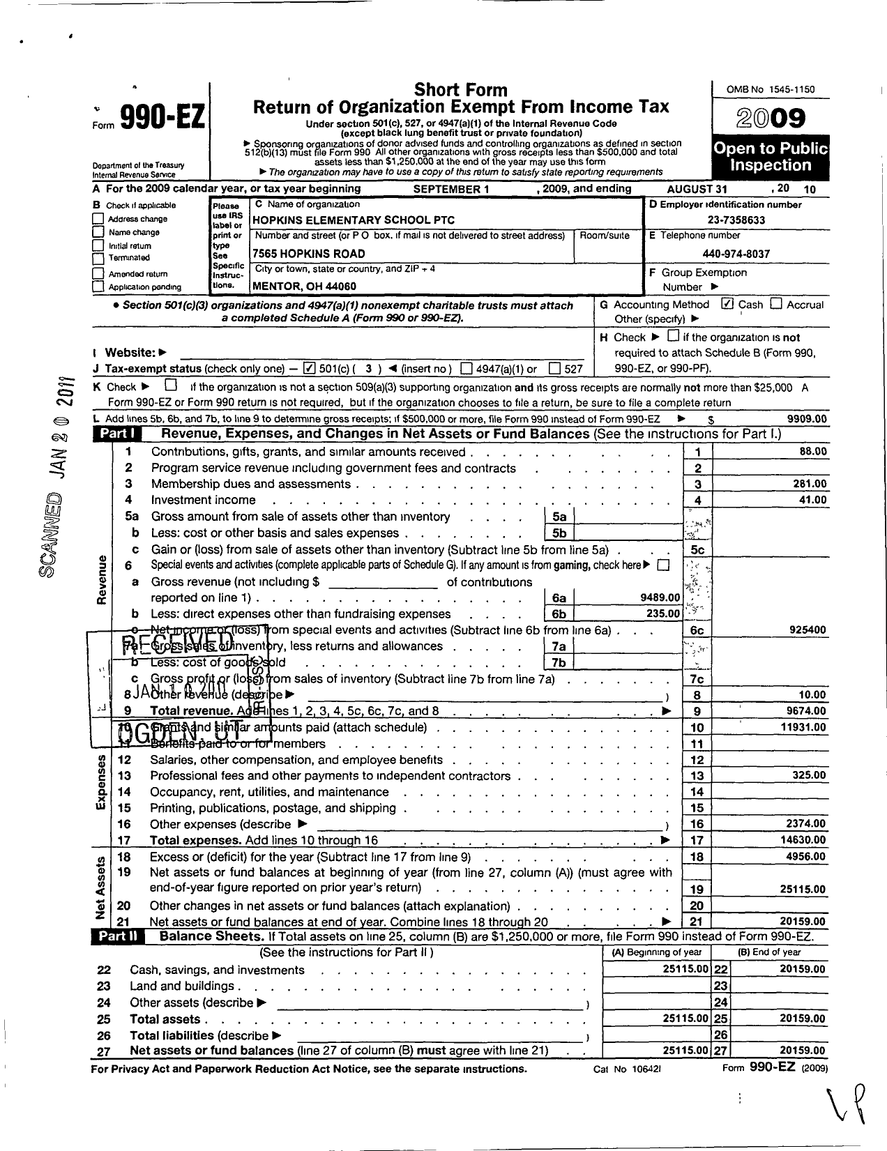 Image of first page of 2009 Form 990EZ for PTA Ohio Congress / Hopkins Elementary Parent Teacher