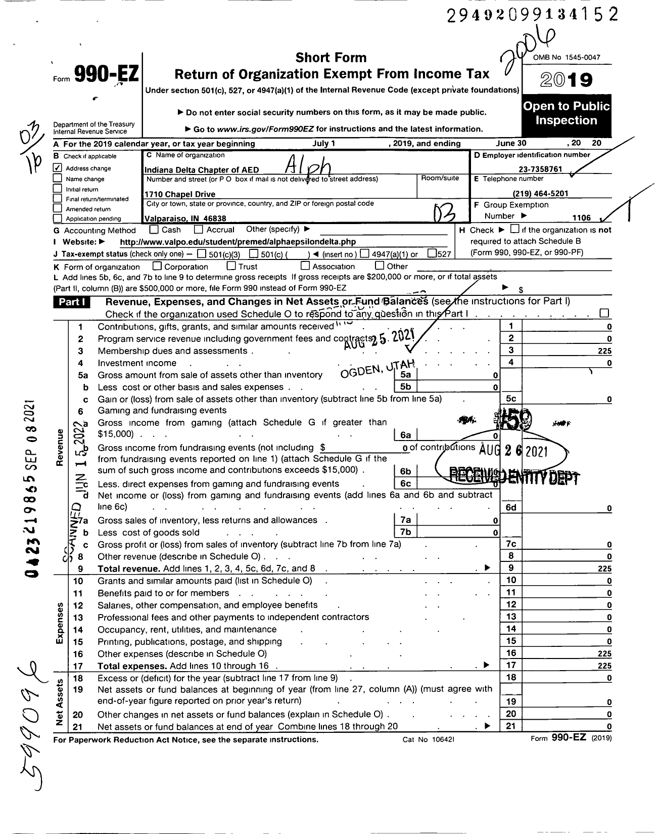 Image of first page of 2019 Form 990EZ for Alpha Epsilon Delta - 105 Indiana Delta Chapter of Aed