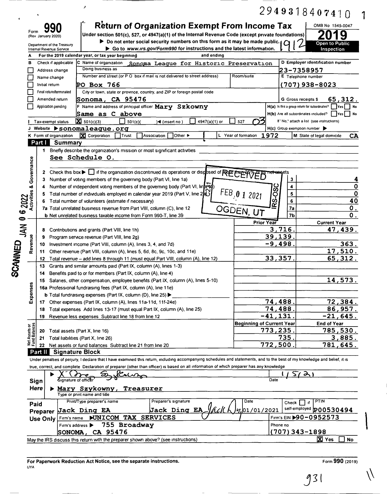 Image of first page of 2019 Form 990 for Sonoma League for Historic Preservation