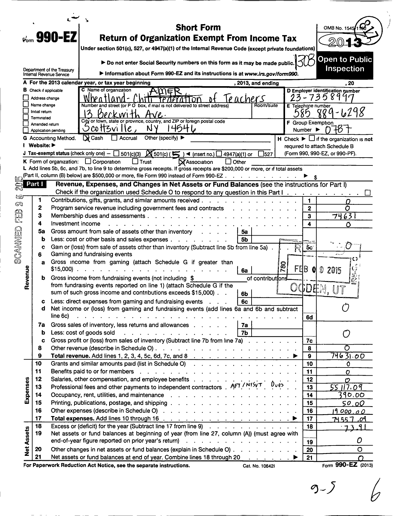 Image of first page of 2012 Form 990EO for American Federation of Teachers - 3118 Wheatland Chili Fed of Teacher