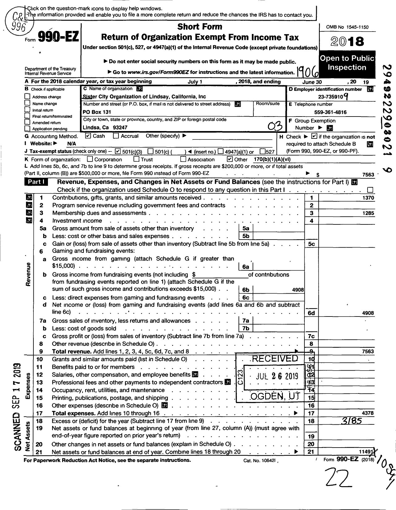 Image of first page of 2018 Form 990EZ for Sister City Organization of Lindsay California