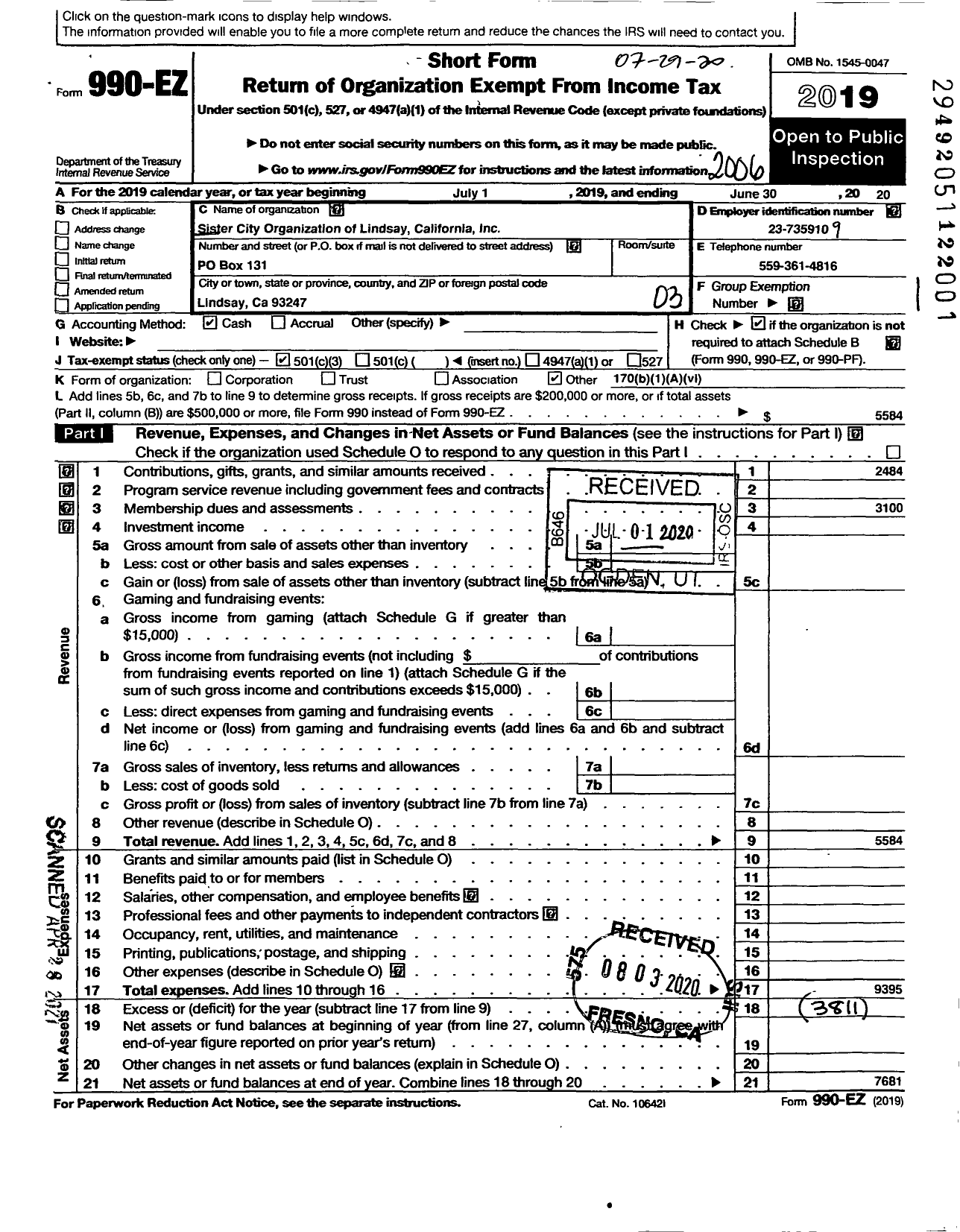 Image of first page of 2019 Form 990EZ for Sister City Organization of Lindsay California