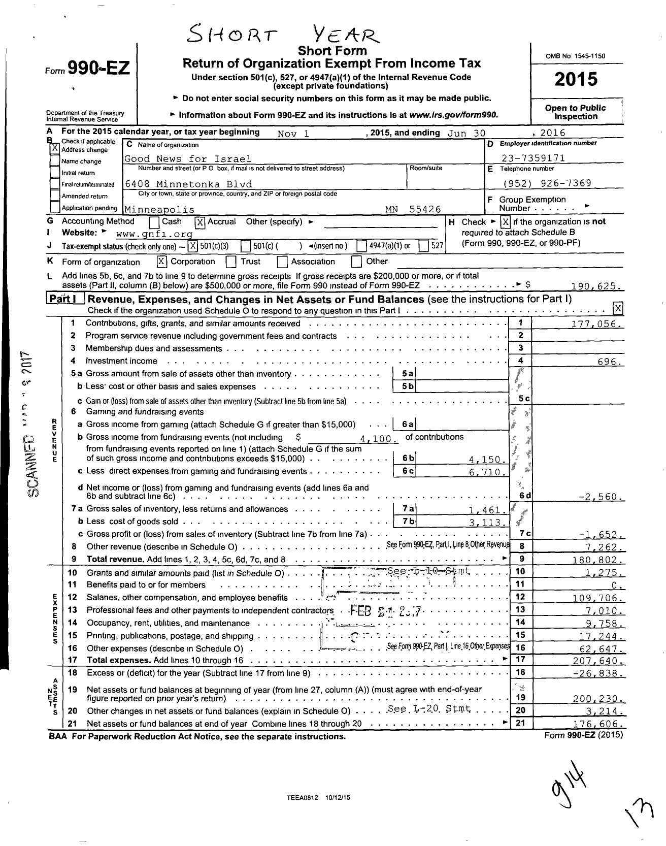 Image of first page of 2015 Form 990EZ for Good News for Israel