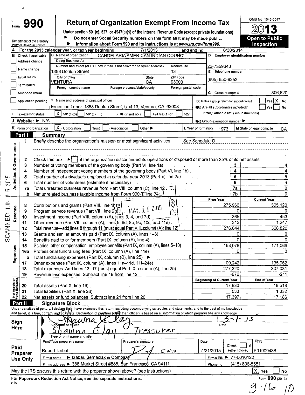 Image of first page of 2013 Form 990 for Candelaria American Indian Council