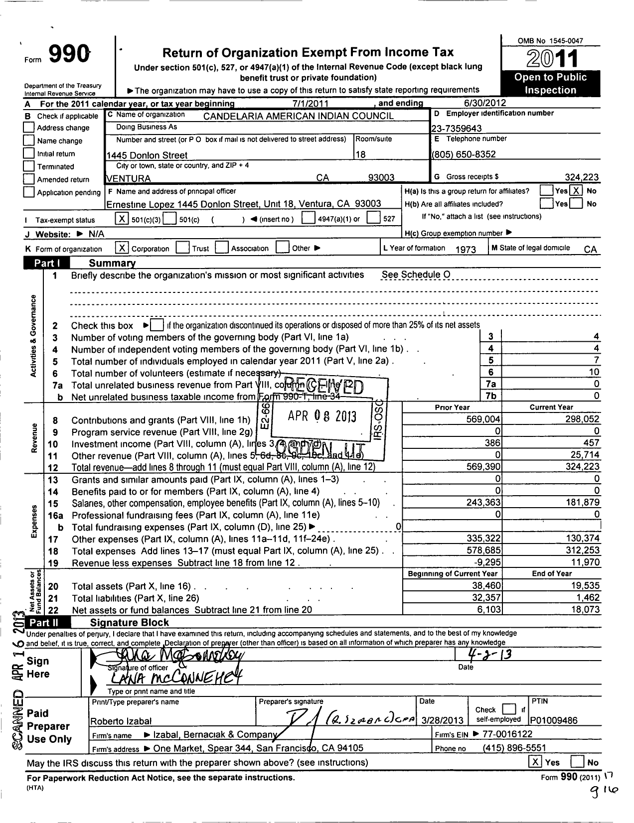 Image of first page of 2011 Form 990 for Candelaria American Indian Council