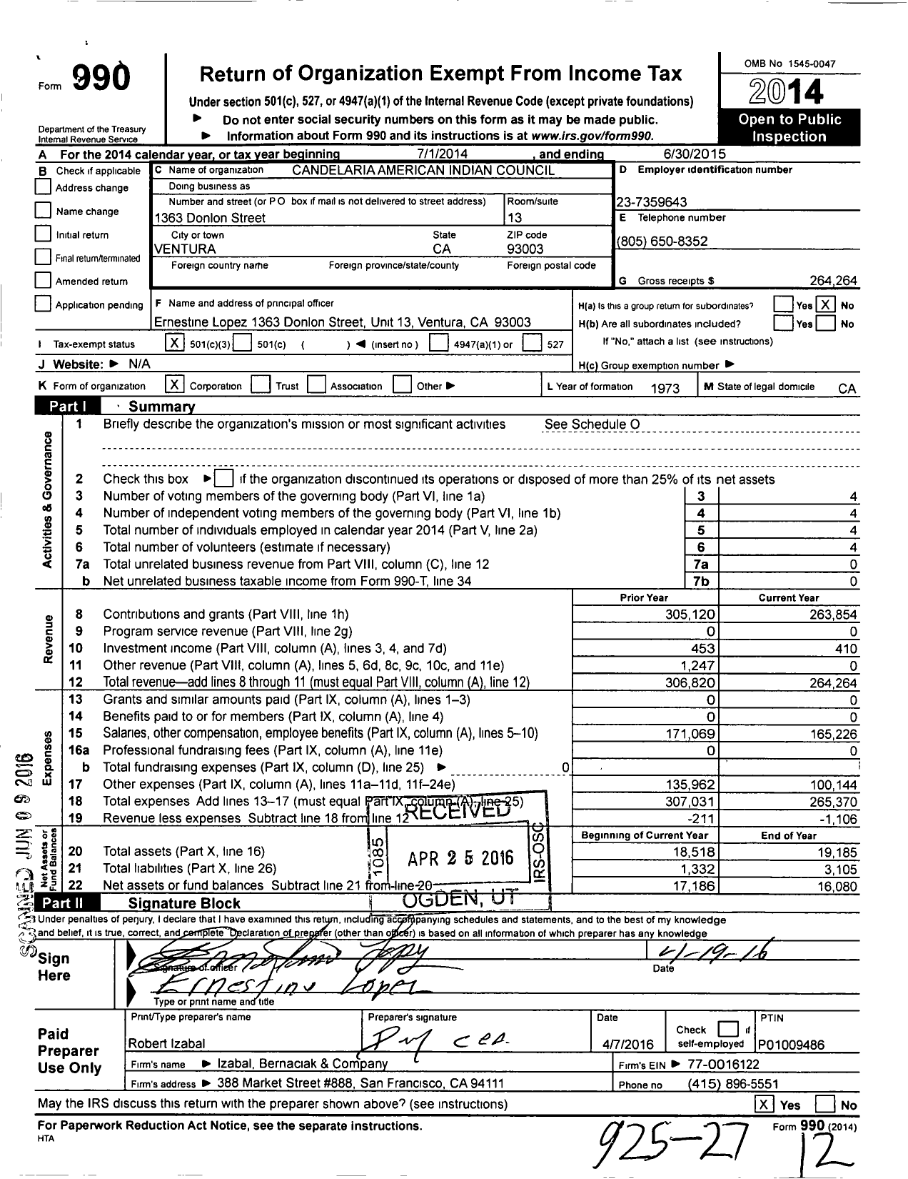 Image of first page of 2014 Form 990 for Candelaria American Indian Council