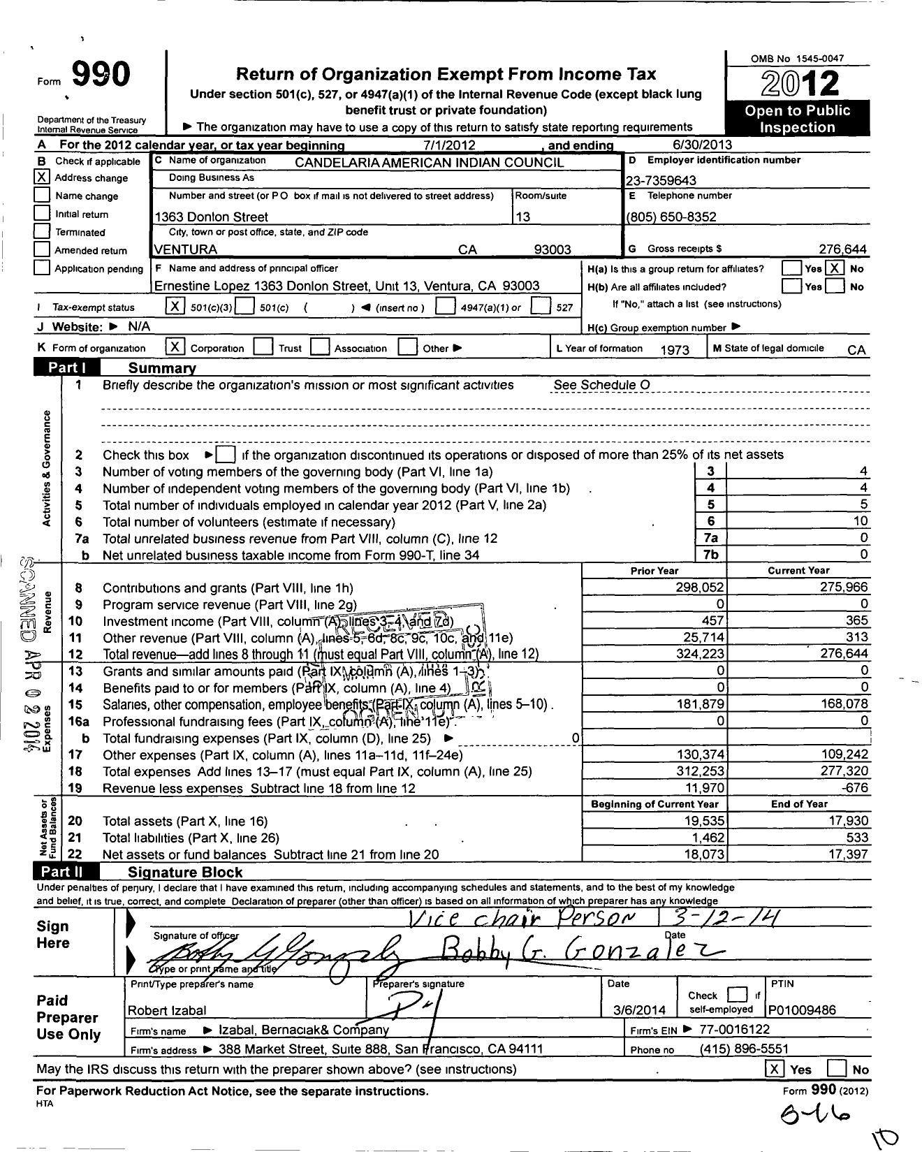 Image of first page of 2012 Form 990 for Candelaria American Indian Council