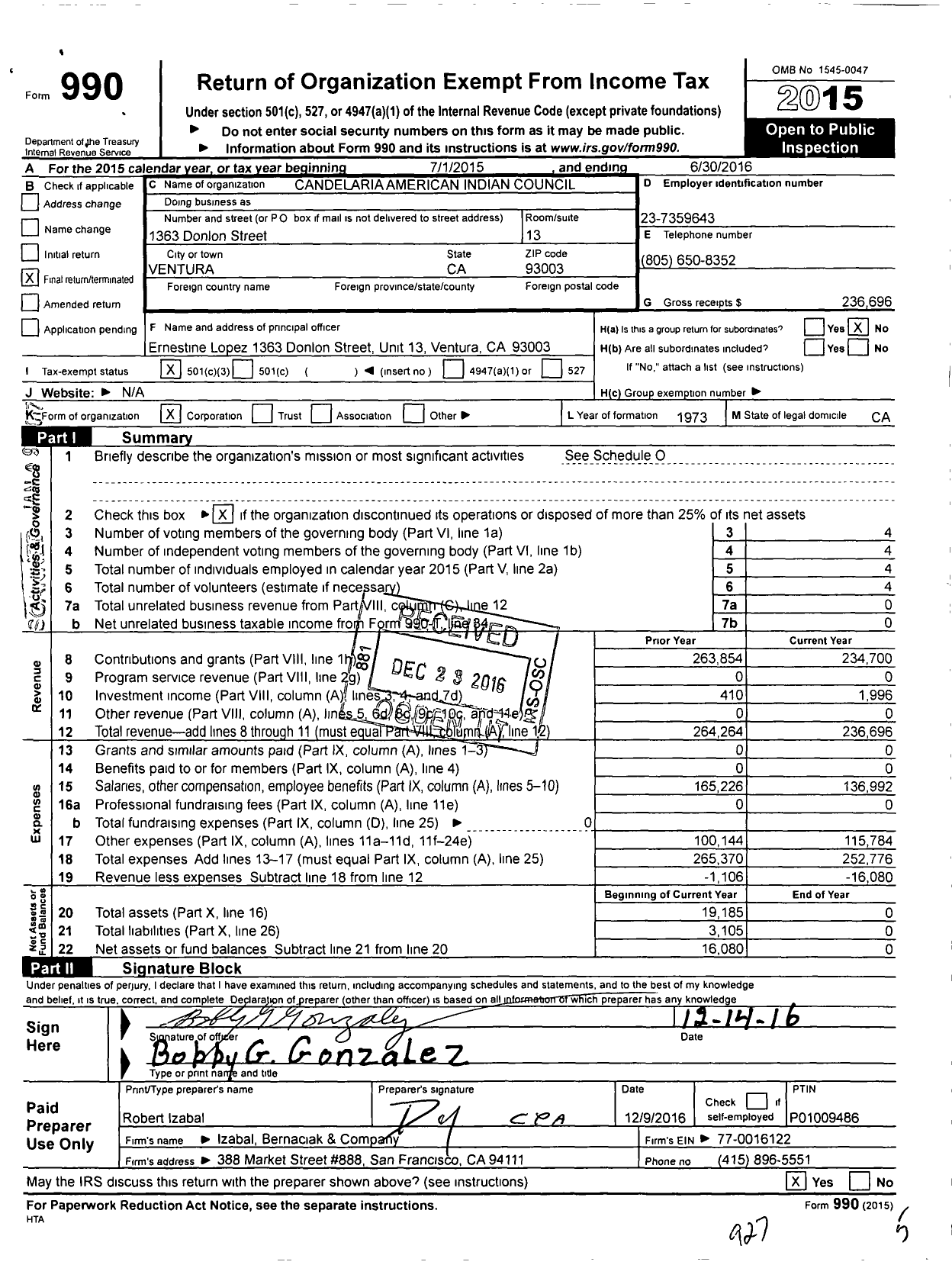 Image of first page of 2015 Form 990 for Candelaria American Indian Council