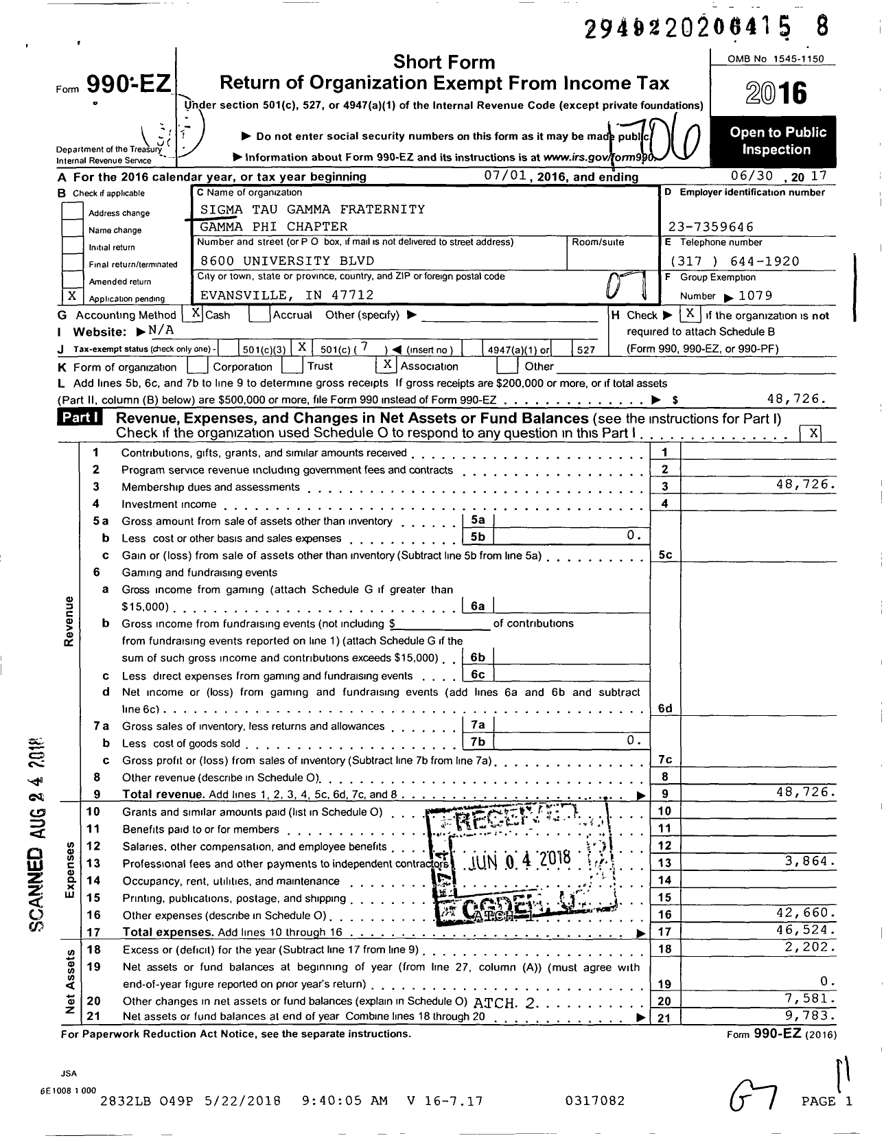 Image of first page of 2016 Form 990EO for Sigma Tau Gamma Fraternity Gamma Phi Chapter