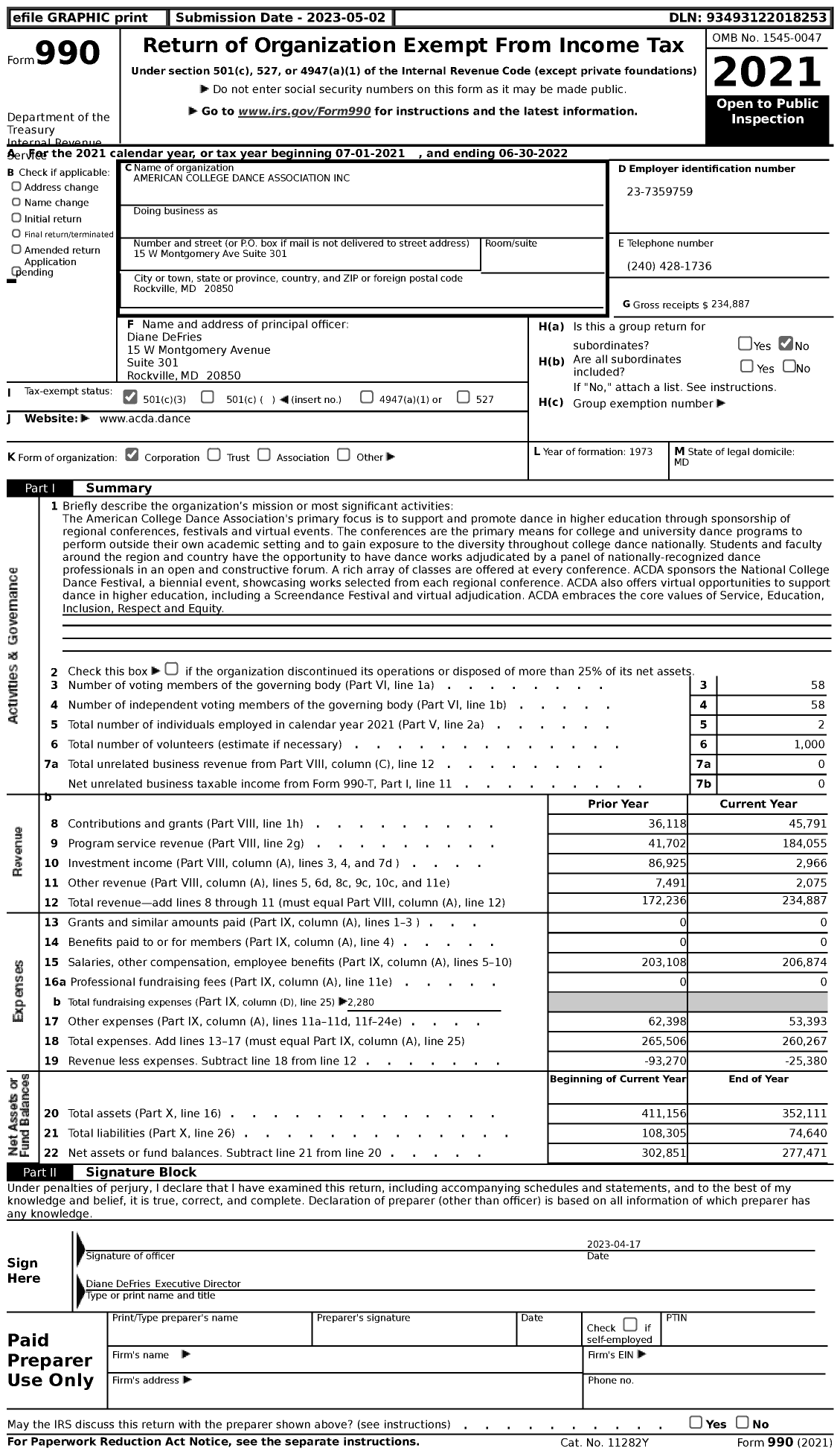 Image of first page of 2021 Form 990 for American College Dance Association