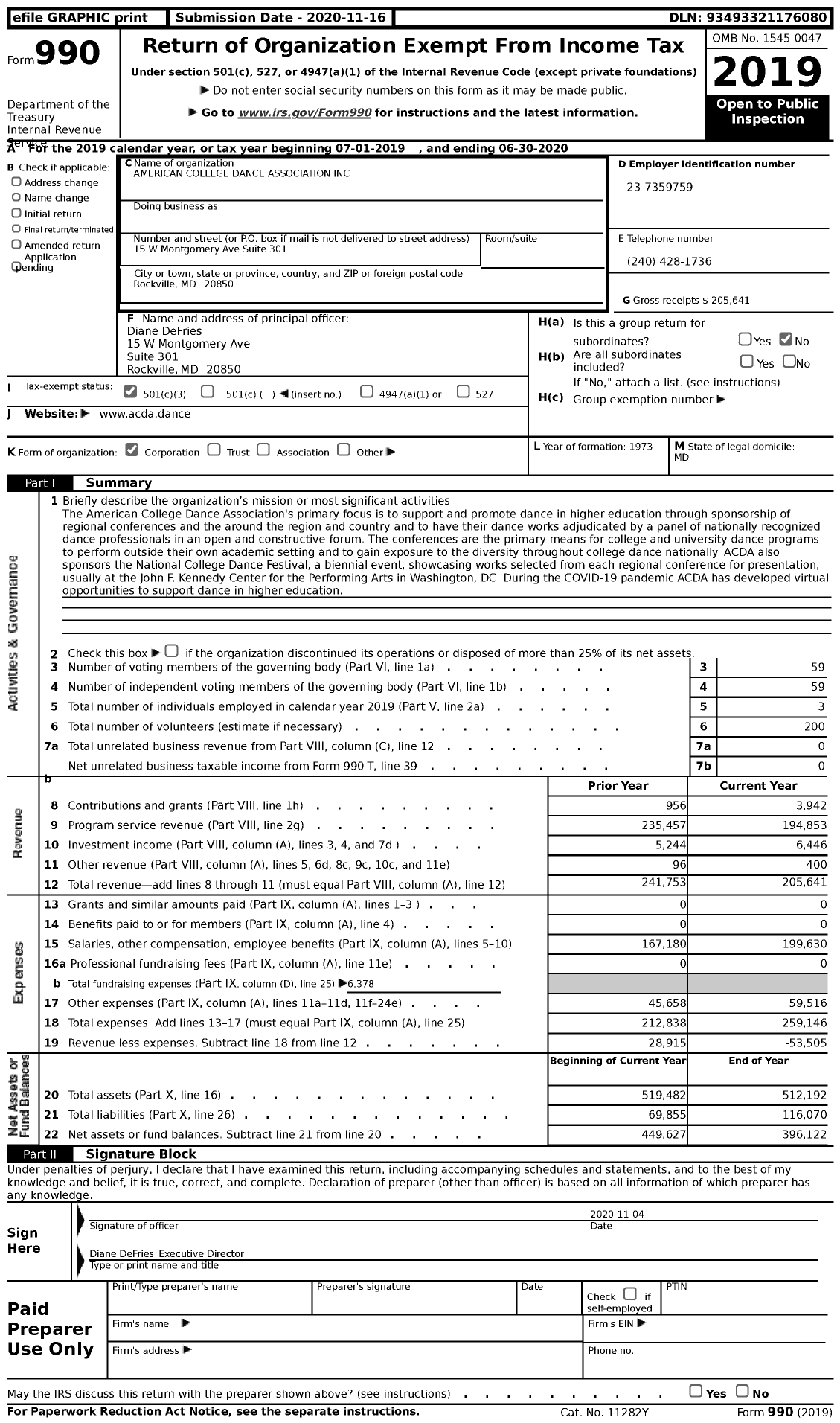 Image of first page of 2019 Form 990 for American College Dance Association