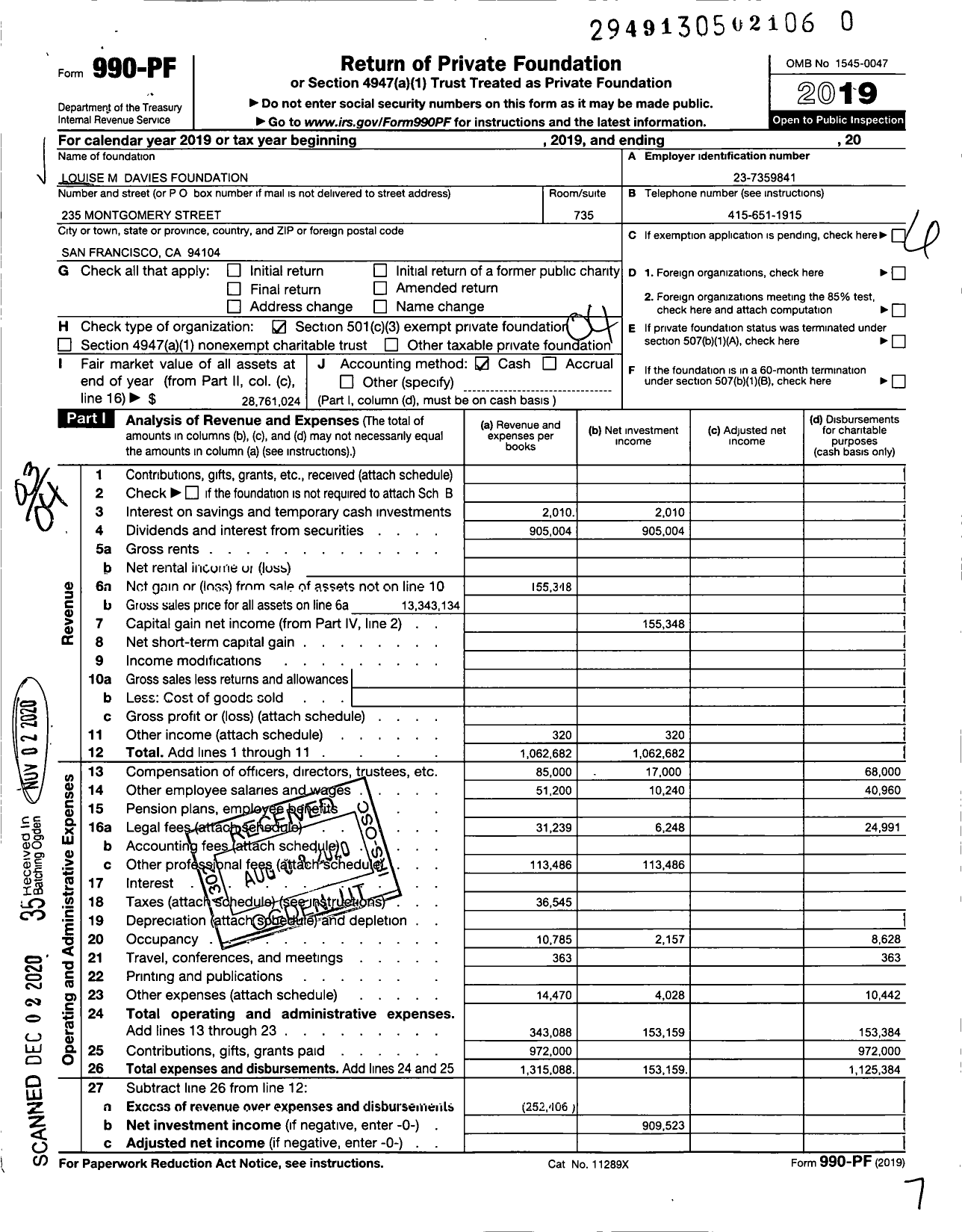 Image of first page of 2019 Form 990PF for Louise M Davies Foundation