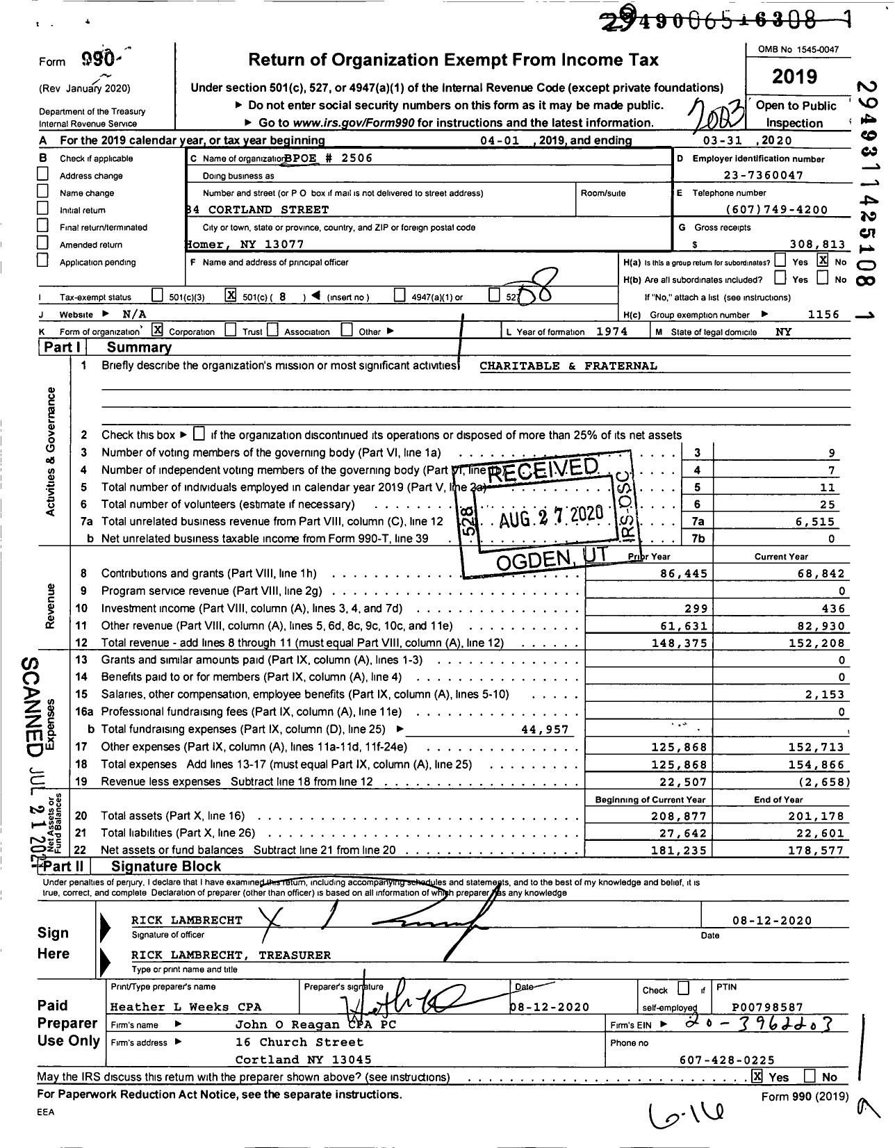 Image of first page of 2019 Form 990O for Benevolent and Protective Order of Elks - 2506 Homer