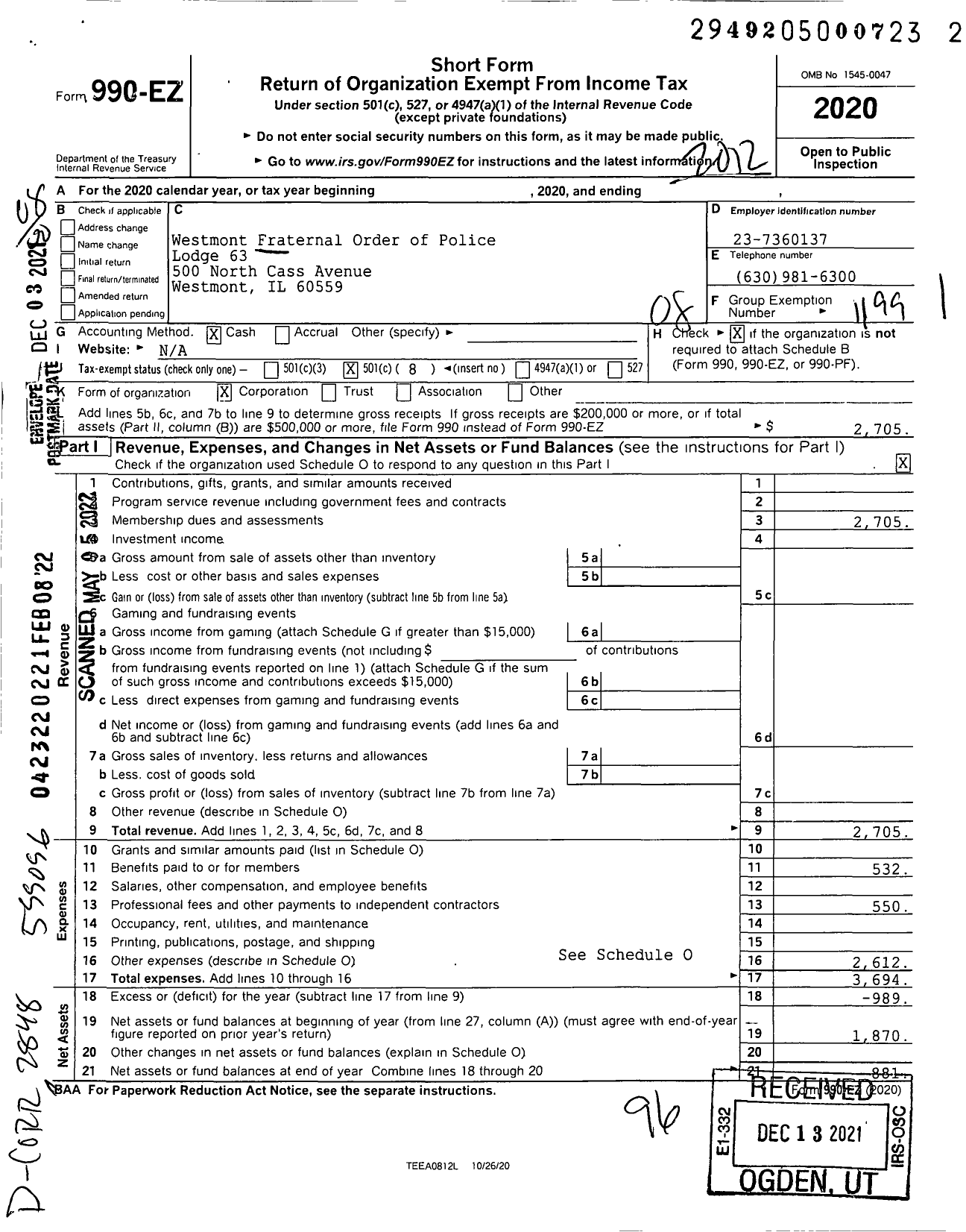 Image of first page of 2020 Form 990EO for Fraternal Order of Police - 63 Westmont Lodge