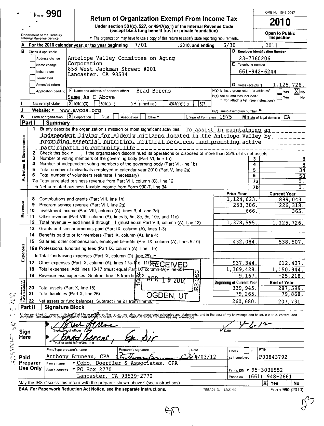 Image of first page of 2010 Form 990 for Antelope Valley Committee on Aging