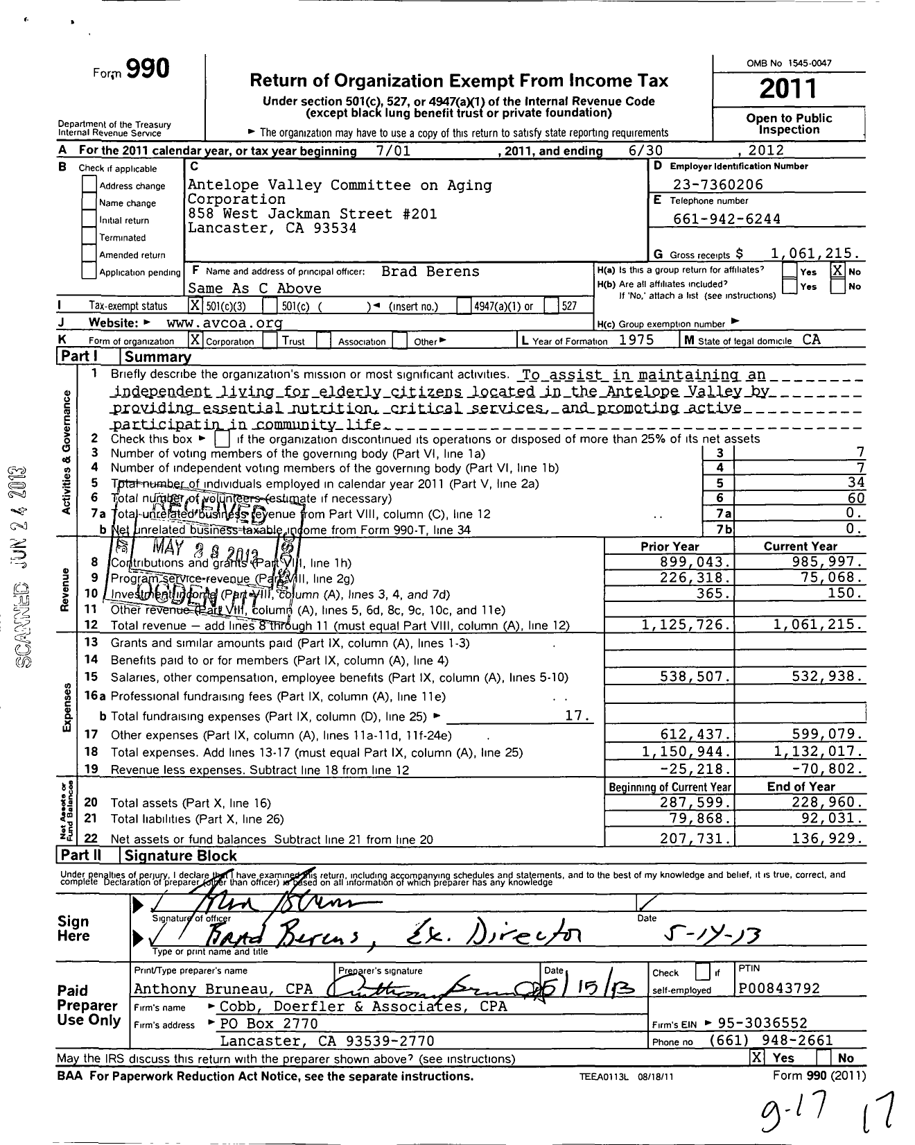 Image of first page of 2011 Form 990 for Antelope Valley Committee on Aging