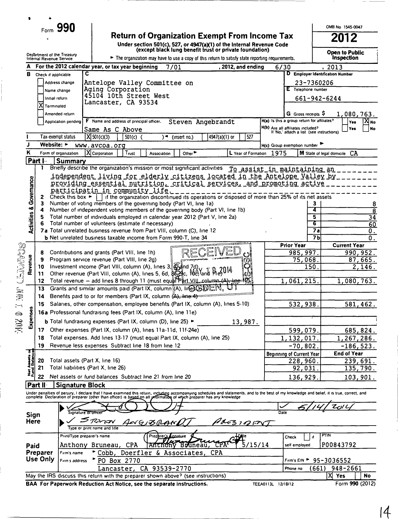 Image of first page of 2012 Form 990 for Antelope Valley Committee on Aging