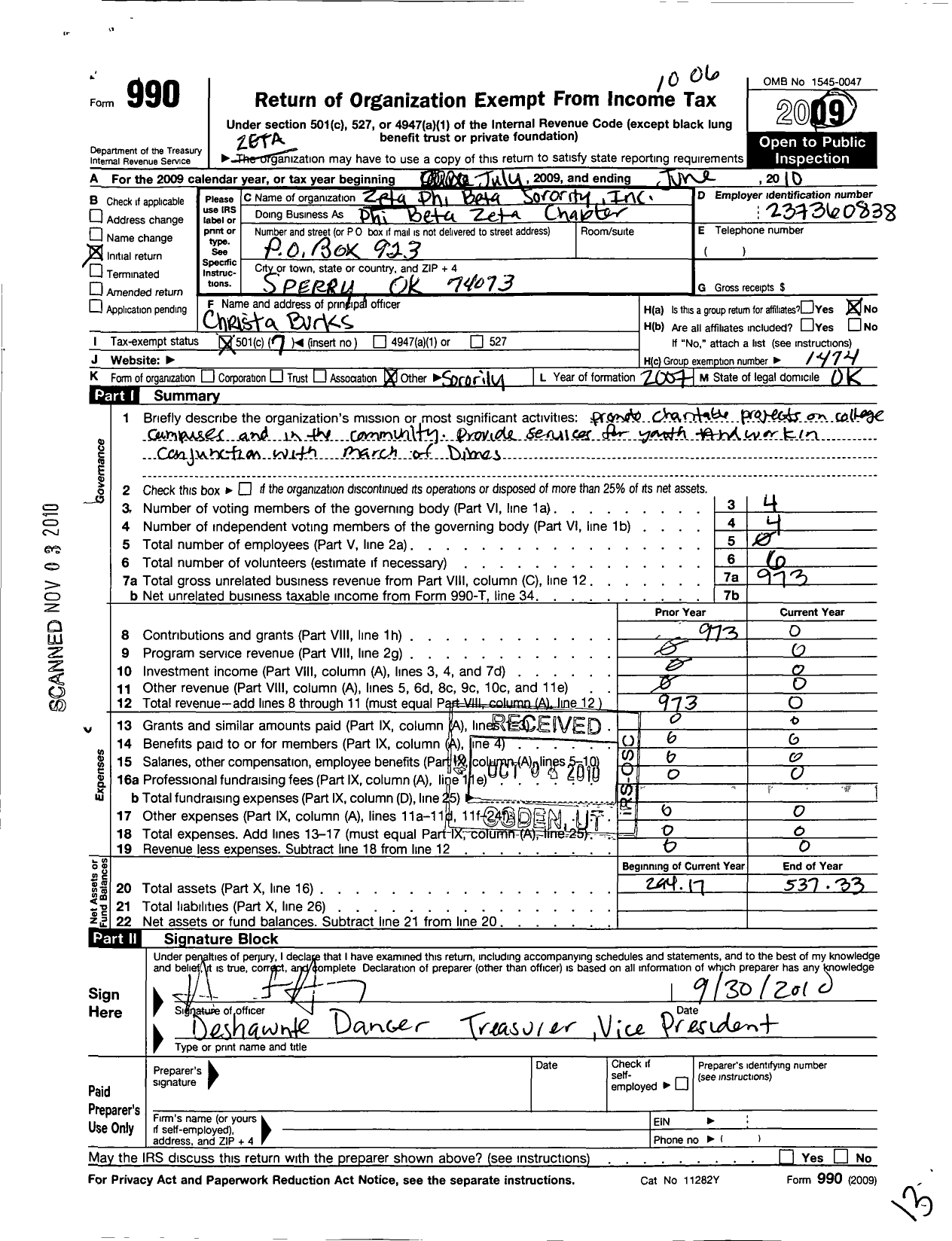 Image of first page of 2009 Form 990O for Zeta Phi Beta Sorority / Phi Beta Zeta Chapter