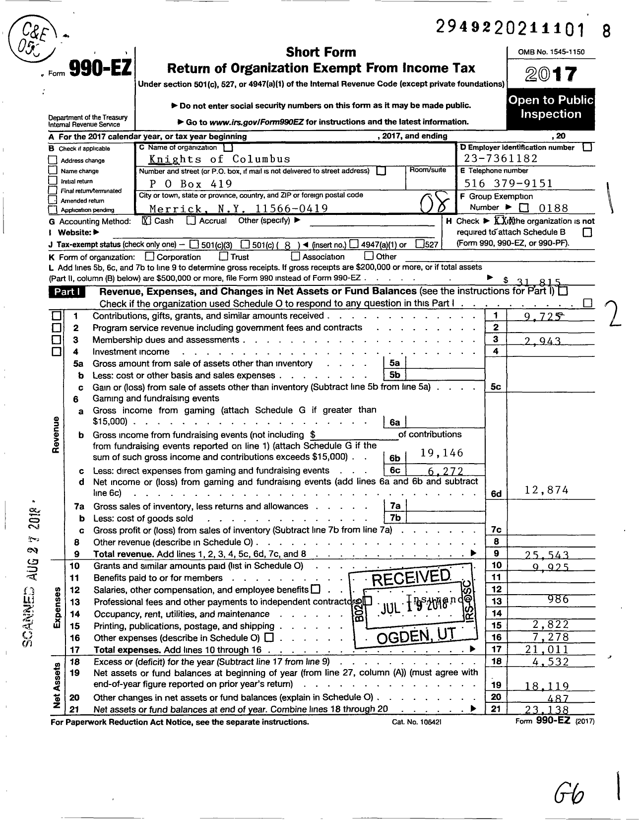 Image of first page of 2017 Form 990EO for Knights of Columbus - 6561 Father Jeremiah J Reilly